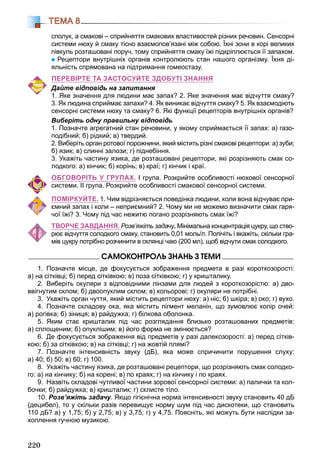 220
ТЕМА 8
сполук, а смакові – сприйняття смакових властивостей різних речовин. Сенсорні
системи нюху й смаку тісно взаємопов’язані між собою. Їхні зони в корі великих
півкуль розташовані поруч, тому сприйняття смаку їжі підкріплюється її запахом.
Рецептори внутрішніх органів контролюють стан нашого організму. Їхня ді-
яльність спрямована на підтримання гомеостазу.
ПЕРЕВІРТЕ ТА ЗАСТОСУЙТЕ ЗДОБУТІ ЗНАННЯ
Дайте відповідь на запитання
1. Яке значення для людини має запах? 2. Яке значення має відчуття смаку?
3. Як людина сприймає запахи? 4. Як виникає відчуття смаку? 5. Як взаємодіють
сенсорні системи нюху та смаку? 6. Які функції рецепторів внутрішніх органів?
Виберіть одну правильну відповідь
1. Позначте агрегатний стан речовини, у якому сприймається її запах: а) газо-
подібний; б) рідкий; в) твердий.
2. Виберіть орган ротової порожнини, який містить різні смакові рецептори: а) зуби;
б) язик; в) слинні залози; г) піднебіння.
3. Укажіть частину язика, де розташовані рецептори, які розрізняють смак со-
лодкого: а) кінчик; б) корінь; в) краї; г) кінчик і краї.
ОБГОВОРІТЬ У ГРУПАХ. І група. Розкрийте особливості нюхової сенсорної
системи. ІІ група. Розкрийте особливості смакової сенсорної системи.
ПОМІРКУЙТЕ. 1. Чим відрізняється поведінка людини, коли вона відчуває при-
ємний запах і коли – неприємний? 2. Чому ми не можемо визначити смак гаря-
чої їжі? 3. Чому під час нежитю погано розрізняють смак їжі?
ТВОРЧЕ ЗАВДАННЯ. Розв’яжіть задачу.уу Мінімальна концентрація цукру, що ство-
рює відчуття солодкого смаку, становить 0,01 моль/л. Полічіть і вкажіть, скільки гра-
мів цукру потрібно розчинити в склянці чаю (200 мл), щоб відчути смак солодкого.
ÑÀÌÎÊÎÍÒÐÎËÜ ÇÍÀÍÜ Ç ÒÅÌÈ
1. Позначте місце, де фокусується зображення предмета в разі короткозорості:
а) на сітківці; б) перед сітківкою; в) поза сітківкою; г) у кришталику.
2. Виберіть окуляри з відповідними лінзами для людей з короткозорістю: а) дво-
ввігнутим склом; б) двоопуклим склом; в) кольорові; г) окуляри не потрібні.
3. Укажіть орган чуття, який містить рецептори нюху: а) ніс; б) шкіра; в) око; г) вухо.
4. Позначте складову ока, яка містить пігмент меланін, що зумовлює колір очей:
а) рогівка; б) зіниця; в) райдужка; г) білкова оболонка.
5. Яким стає кришталик під час розглядання близько розташованих предметів:
а) сплощеним; б) опуклішим; в) його форма не змінюється?
6. Де фокусується зображення від предметів у разі далекозорості: а) перед сітків-
кою; б) за сітківкою; в) на сітківці; г) на жовтій плямі?
7. Позначте інтенсивність звуку (дБ), яка може спричинити порушення слуху:
а) 40; б) 50; в) 60; г) 100.
8. Укажіть частину язика, де розташовані рецептори, що розрізняють смак солодко-
го: а) на кінчику; б) на корені; в) по краях; г) на кінчику і по краях.
9. Назвіть складові чутливої частини зорової сенсорної системи: а) палички та кол-
бочки; б) райдужка; в) кришталик; г) склисте тіло.
10. Розв’яжіть задачу. Якщо гігієнічна норма інтенсивності звуку становить 40 дБ
(децибел), то у скільки разів перевищує норму шум під час дискотеки, що становить
110 дБ? а) у 1,75; б) у 2,75; в) у 3,75; г) у 4,75. Поясніть, які можуть бути наслідки за-
хоплення гучною музикою.
 