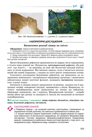 223
§47
ËÀÁÎÐÀÒÎÐÍÅ ÄÎÑËІÄÆÅÍÍß
Âèçíà÷åííÿ ðåàêöії çіíèöü íà ñâіòëî
Îáëàäíàííÿ: ëàìïà-îñâіòëþâà÷ іç ðåôëåêòîðîì.
1. Ïðèêðèéòå íà 3–5 ñ îäíå îêî äîëîíåþ, à ïîòіì øâèäêî âіäâåäіòü ðóêó, ñïðÿìîâó-
þ÷è â îêî ñâіòëî. Ñïîñòåðіãàéòå, ÿê çìіíþєòüñÿ äіàìåòð çіíèöі ïіä ÷àñ îñâіòëþâàííÿ îêà.
2. Çíîâó ïðèêðèéòå îêî äîëîíåþ. ×åðåç 30 ñ çâåðíіòü óâàãó íà äіàìåòð çіíèöі.
3. Çðîáіòü âèñíîâîê, ÿê çìіíèâñÿ äіàìåòð çіíèöі ïðè îñâіòëåííі é ïіñëÿ íüîãî. ×îìó?
ßêå öå ìàє çíà÷åííÿ?
Áàãàòî áåçóìîâíèõ ðåôëåêñіâ ïðîÿâëÿþòüñÿ íå âіäðàçó ïіñëÿ íàðîäæåííÿ,
à òіëüêè ÷åðåç ïåâíèé ÷àñ. Íàïðèêëàä, îðієíòóâàëüíèé ðåôëåêñ, àáî ðåô-
ëåêñ «ùî òàêå?», – öå âіäïîâіäü íà íîâі àáî áіîëîãі÷íî âàæëèâі (ñâіòëî,
çâóê òà іíøі) ïîäðàçíèêè. Âіí âèíèêàє ùîðàçó, êîëè ç’ÿâëÿєòüñÿ íåñïîäі-
âàíèé àáî íîâèé ïîäðàçíèê, і ëþäèíà íà íüîãî ðåàãóє ïîâåðòàííÿì ãîëîâè.
Ñóêóïíіñòü ïîñëіäîâíèõ áåçóìîâíèõ ðåôëåêñіâ, ùî âèíèêàþòü íà ïî-
äðàçíåííÿ çîâíіøíüîãî і âíóòðіøíüîãî ñåðåäîâèùà îðãàíіçìó і âèçíà÷àþòü
çàáåçïå÷åííÿ ïåâíîї æèòòєâîї ôóíêöії, íàçèâàþòü іíñòèíêòîì (ìàòåðèí-
ñüêі, ñòàòåâі òîùî).
Іíñòèíêòè â ëþäèíè ìîæóòü ïðîÿâëÿòèñÿ ïî-ðіçíîìó, çàëåæíî âіä її âíó-
òðіøíіõ ïîòðåá, êîíêðåòíîї ñèòóàöії, çìіíþâàòèñÿ ç âіêîì. Íàïðèêëàä, іí-
ñòèíêò ñàìîçáåðåæåííÿ ìîæå ïðîÿâëÿòèñÿ ÿê âòå÷åþ âіä íåáåçïåêè,
îáåðåæíîþ ïîâåäіíêîþ, òàê і àãðåñієþ. Ìàòåðèíñüêèé іíñòèíêò – ïîòðåáà
ìàòåðі äáàòè ïðî äèòèíó òà çàõèùàòè її. Іíêîëè âіí ñèëüíіøèé çà іíñòèíêò
ñàìîçáåðåæåííÿ.
Êëþ÷îâі òåðìіíè і ïîíÿòòÿ: âèùà íåðâîâà äіÿëüíіñòü, ïîâåäіíêà ëþ-
äèíè, áåçóìîâíі ðåôëåêñè, іíñòèíêòè.
УЗАГАЛЬНИМО ЗНАННЯ
Поведінка людини – це складний комплекс пристосувань, спрямованих на
задоволення потреб організму, які зовнішньо проявляються в певних діях.
У процесі еволюції людини закріпилися стабільні форми реакцій на подраз-
ники зовнішнього та внутрішнього середовища, які називають безумовно-реф-
лекторними. Систему вроджених (безумовно-рефлекторних) поведінкових
реакцій, спрямованих на здійснення певних життєвих функцій, у тому числі – на
продовження роду і збереження виду, називають інстинктами.
Мал. 180. Хапальний рефлекс: 1 – у дитини; 2 – у дорослої мавпи
2
1
 