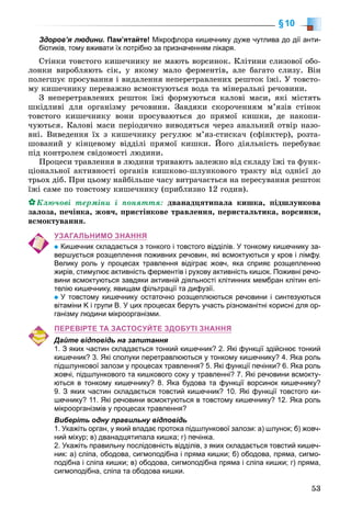 53
§10
Здоров’я людини. Пам’ятайте! Мікрофлора кишечнику дуже чутлива до дії анти-
біотиків, тому вживати їх потрібно за призначенням лікаря.
Ñòіíêè òîâñòîãî êèøå÷íèêó íå ìàþòü âîðñèíîê. Êëіòèíè ñëèçîâîї îáî-
ëîíêè âèðîáëÿþòü ñіê, ó ÿêîìó ìàëî ôåðìåíòіâ, àëå áàãàòî ñëèçó. Âіí
ïîëåãøóє ïðîñóâàííÿ і âèäàëåííÿ íåïåðåòðàâëåíèõ ðåøòîê їæі. Ó òîâñòî-
ìó êèøå÷íèêó ïåðåâàæíî âñìîêòóþòüñÿ âîäà òà ìіíåðàëüíі ðå÷îâèíè.
Ç íåïåðåòðàâëåíèõ ðåøòîê їæі ôîðìóþòüñÿ êàëîâі ìàñè, ÿêі ìіñòÿòü
øêіäëèâі äëÿ îðãàíіçìó ðå÷îâèíè. Çàâäÿêè ñêîðî÷åííÿì ì’ÿçіâ ñòіíîê
òîâñòîãî êèøå÷íèêó âîíè ïðîñóâàþòüñÿ äî ïðÿìîї êèøêè, äå íàêîïè-
÷óþòüñÿ. Êàëîâі ìàñè ïåðіîäè÷íî âèâîäÿòüñÿ ÷åðåç àíàëüíèé îòâіð íàçî-
âíі. Âèâåäåííÿ їõ ç êèøå÷íèêó ðåãóëþє ì’ÿç-ñòèñêà÷ (ñôіíêòåð), ðîçòà-
øîâàíèé ó êіíöåâîìó âіääіëі ïðÿìîї êèøêè. Éîãî äіÿëüíіñòü ïåðåáóâàє
ïіä êîíòðîëåì ñâіäîìîñòі ëþäèíè.
Ïðîöåñè òðàâëåííÿ â ëþäèíè òðèâàþòü çàëåæíî âіä ñêëàäó їæі òà ôóíê-
öіîíàëüíîї àêòèâíîñòі îðãàíіâ êèøêîâî-øëóíêîâîãî òðàêòó âіä îäíієї äî
òðüîõ äіá. Ïðè öüîìó íàéáіëüøå ÷àñó âèòðà÷àєòüñÿ íà ïåðåñóâàííÿ ðåøòîê
їæі ñàìå ïî òîâñòîìó êèøå÷íèêó (ïðèáëèçíî 12 ãîäèí).
Êëþ÷îâі òåðìіíè і ïîíÿòòÿ: äâàíàäöÿòèïàëà êèøêà, ïіäøëóíêîâà
çàëîçà, ïå÷іíêà, æîâ÷, ïðèñòіíêîâå òðàâëåííÿ, ïåðèñòàëüòèêà, âîðñèíêè,
âñìîêòóâàííÿ.
УЗАГАЛЬНИМО ЗНАННЯ
Кишечник складається з тонкого і товстого відділів. У тонкому кишечнику за-
вершується розщеплення поживних речовин, які всмоктуються у кров і лімфу.
Велику роль у процесах травлення відіграє жовч, яка сприяє розщепленню
жирів, стимулює активність ферментів і рухову активність кишок. Поживні речо-
вини всмоктуються завдяки активній діяльності клітинних мембран клітин епі-
телію кишечнику, явищам фільтрації та дифузії.
У товстому кишечнику остаточно розщеплюються речовини і синтезуються
вітаміни K і групи В. У цих процесах беруть участь різноманітні корисні для ор-
ганізму людини мікроорганізми.
ПЕРЕВІРТЕ ТА ЗАСТОСУЙТЕ ЗДОБУТІ ЗНАННЯ
Дайте відповідь на запитання
1. З яких частин складається тонкий кишечник? 2. Які функції здійснює тонкий
кишечник? 3. Які сполуки перетравлюються у тонкому кишечнику? 4. Яка роль
підшлункової залози у процесах травлення? 5. Які функції печінки? 6. Яка роль
жовчі, підшлункового та кишкового соку у травленні? 7. Які речовини всмокту-
ються в тонкому кишечнику? 8. Яка будова та функції ворсинок кишечнику?
9. З яких частин складається товстий кишечник? 10. Які функції товстого ки-
шечнику? 11. Які речовини всмоктуються в товстому кишечнику? 12. Яка роль
мікроорганізмів у процесах травлення?
Виберіть одну правильну відповідь
1. Укажіть орган, у який впадає протока підшлункової залози: а) шлунок; б) жовч-
ний міхур; в) дванадцятипала кишка; г) печінка.
2. Укажіть правильну послідовність відділів, з яких складається товстий кишеч-
ник: а) сліпа, ободова, сигмоподібна і пряма кишки; б) ободова, пряма, сигмо-
подібна і сліпа кишки; в) ободова, сигмоподібна пряма і сліпа кишки; г) пряма,
сигмоподібна, сліпа та ободова кишки.
 