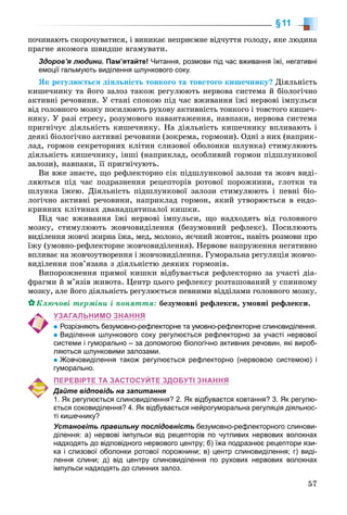 57
§11
ïî÷èíàþòü ñêîðî÷óâàòèñÿ, і âèíèêàє íåïðèєìíå âіä÷óòòÿ ãîëîäó, ÿêå ëþäèíà
ïðàãíå ÿêîìîãà øâèäøå âãàìóâàòè.
Здоров’я людини. Пам’ятайте! Читання, розмови під час вживання їжі, негативні
емоції гальмують виділення шлункового соку.
ßê ðåãóëþєòüñÿ äіÿëüíіñòü òîíêîãî òà òîâñòîãî êèøå÷íèêó? Äіÿëüíіñòü
êèøå÷íèêó òà éîãî çàëîç òàêîæ ðåãóëþþòü íåðâîâà ñèñòåìà é áіîëîãі÷íî
àêòèâíі ðå÷îâèíè. Ó ñòàíі ñïîêîþ ïіä ÷àñ âæèâàííÿ їæі íåðâîâі іìïóëüñè
âіä ãîëîâíîãî ìîçêó ïîñèëþþòü ðóõîâó àêòèâíіñòü òîíêîãî і òîâñòîãî êèøå÷-
íèêó. Ó ðàçі ñòðåñó, ðîçóìîâîãî íàâàíòàæåííÿ, íàâïàêè, íåðâîâà ñèñòåìà
ïðèãíі÷óє äіÿëüíіñòü êèøå÷íèêó. Íà äіÿëüíіñòü êèøå÷íèêó âïëèâàþòü і
äåÿêі áіîëîãі÷íî àêòèâíі ðå÷îâèíè (çîêðåìà, ãîðìîíè). Îäíі ç íèõ (íàïðèê-
ëàä, ãîðìîí ñåêðåòîðíèõ êëіòèí ñëèçîâîї îáîëîíêè øëóíêà) ñòèìóëþþòü
äіÿëüíіñòü êèøå÷íèêó, іíøі (íàïðèêëàä, îñîáëèâèé ãîðìîí ïіäøëóíêîâîї
çàëîçè), íàâïàêè, її ïðèãíі÷óþòü.
Âè âæå çíàєòå, ùî ðåôëåêòîðíî ñіê ïіäøëóíêîâîї çàëîçè òà æîâ÷ âèäі-
ëÿþòüñÿ ïіä ÷àñ ïîäðàçíåííÿ ðåöåïòîðіâ ðîòîâîї ïîðîæíèíè, ãëîòêè òà
øëóíêà їæåþ. Äіÿëüíіñòü ïіäøëóíêîâîї çàëîçè ñòèìóëþþòü і ïåâíі áіî-
ëîãі÷íî àêòèâíі ðå÷îâèíè, íàïðèêëàä ãîðìîí, ÿêèé óòâîðþєòüñÿ â åíäî-
êðèííèõ êëіòèíàõ äâàíàäöÿòèïàëîї êèøêè.
Ïіä ÷àñ âæèâàííÿ їæі íåðâîâі іìïóëüñè, ùî íàäõîäÿòü âіä ãîëîâíîãî
ìîçêó, ñòèìóëþþòü æîâ÷îâèäіëåííÿ (áåçóìîâíèé ðåôëåêñ). Ïîñèëþþòü
âèäіëåííÿ æîâ÷і æèðíà їæà, ìåä, ìîëîêî, ÿє÷íèé æîâòîê, íàâіòü ðîçìîâè ïðî
їæó (óìîâíî-ðåôëåêòîðíå æîâ÷îâèäіëåííÿ). Íåðâîâå íàïðóæåííÿ íåãàòèâíî
âïëèâàє íà æîâ÷îóòâîðåííÿ і æîâ÷îâèäіëåííÿ. Ãóìîðàëüíà ðåãóëÿöіÿ æîâ÷î-
âèäіëåííÿ ïîâ’ÿçàíà ç äіÿëüíіñòþ äåÿêèõ ãîðìîíіâ.
Âèïîðîæíåííÿ ïðÿìîї êèøêè âіäáóâàєòüñÿ ðåôëåêòîðíî çà ó÷àñòі äіà-
ôðàãìè é ì’ÿçіâ æèâîòà. Öåíòð öüîãî ðåôëåêñó ðîçòàøîâàíèé ó ñïèííîìó
ìîçêó, àëå éîãî äіÿëüíіñòü ðåãóëþєòüñÿ ïåâíèìè âіääіëàìè ãîëîâíîãî ìîçêó.
Êëþ÷îâі òåðìіíè і ïîíÿòòÿ: áåçóìîâíі ðåôëåêñè, óìîâíі ðåôëåêñè.
УЗАГАЛЬНИМО ЗНАННЯ
Розрізняють безумовно-рефлекторне та умовно-рефлекторне слиновиділення.
Виділення шлункового соку регулюється рефлекторно за участі нервової
системи і гуморально – за допомогою біологічно активних речовин, які вироб-
ляються шлунковими залозами.
Жовчовиділення також регулюється рефлекторно (нервовою системою) і
гуморально.
ПЕРЕВІРТЕ ТА ЗАСТОСУЙТЕ ЗДОБУТІ ЗНАННЯ
Дайте відповідь на запитання
1. Як регулюється слиновиділення? 2. Як відбуваєтся ковтання? 3. Як регулю-
ється соковиділення? 4. Як відбувається нейрогуморальна регуляція діяльнос-
ті кишечнику?
Установіть правильну послідовність безумовно-рефлекторного слинови-
ділення: а) нервові імпульси від рецепторів по чутливих нервових волокнах
надходять до відповідного нервового центру; б) їжа подразнює рецептори язи-
ка і слизової оболонки ротової порожнини; в) центр слиновиділення; г) виді-
лення слини; д) від центру слиновиділення по рухових нервових волокнах
імпульси надходять до слинних залоз.
 