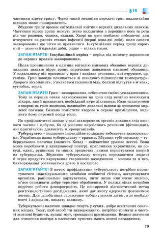 79
§16
÷àñòèíêè âіðóñó ãðèïó. ×åðåç òàêèé ìåõàíіçì ïåðåäà÷і ãðèï íàäçâè÷àéíî
øâèäêî ìîæå ïîøèðþâàòèñü.
Çáóäíèê ãðèïó âðàæàє åïіòåëіàëüíі êëіòèíè âåðõíіõ äèõàëüíèõ øëÿõіâ.
×àñòèíêè âіðóñó ãðèïó ìîæóòü ëåãêî âèäіëÿòèñÿ ç ïîðîæíèí íîñà òà ðîòà
ïіä ÷àñ ðîçìîâè, ÷õàííÿ, êàøëþ. Õâîðі íà ãðèï îñîáëèâî íåáåçïå÷íі äëÿ
îòî÷óþ÷èõ íà ðàííіõ åòàïàõ іíôåêöії (ïåðøі îäíà-äâі äîáè), êîëè îçíàêè
çàõâîðþâàííÿ ùå ÷іòêî íå ïðîÿâèëèñÿ. Іíêóáàöіéíèé ïåðіîä ãðèïó êîðîò-
êèé – çàçâè÷àé îäíà-äâі äîáè, ðіäøå – êіëüêà ãîäèí.
ЗАПАМ’ЯТАЙТЕ! Іíêóáàöіéíèé ïåðіîä – ïåðіîä âіä ìîìåíòó çàðàæåííÿ
äî ïåðøèõ ïðîÿâіâ çàõâîðþâàííÿ.
Ïіñëÿ ïðîíèêíåííÿ â êëіòèíè åïіòåëіþ ñëèçîâèõ îáîëîíîê âåðõíіõ äè-
õàëüíèõ øëÿõіâ âіðóñ ãðèïó ñïðè÷èíÿє çàïàëåííÿ ñëèçîâîї îáîëîíêè.
Ó ïîäàëüøîìó âіí ïðîíèêàє ó êðîâ і âèäіëÿє ðå÷îâèíè, ÿêі îòðóþþòü îð-
ãàíіçì. Ãðèï çàâæäè ïî÷èíàєòüñÿ çі øâèäêîãî ïіäâèùåííÿ òåìïåðàòóðè.
Õâîðîãî ëèõîìàíèòü, ç’ÿâëÿєòüñÿ ãîëîâíèé áіëü, áîëіñíі âіä÷óòòÿ â ì’ÿçàõ,
ñóãëîáàõ, ãîðëі.
ЗАПАМ’ЯТАЙТЕ! Ãðèï – çàõâîðþâàííÿ, íåáåçïå÷íå ñâîїìè óñêëàäíåííÿìè.
Òîìó çà ïåðøèõ îçíàê çàõâîðþâàííÿ íà ãðèï ñëіä íåãàéíî âèêëèêàòè
ëіêàðÿ, ÿêèé ïðèçíà÷èòü íåîáõіäíèé êóðñ ëіêóâàííÿ. Êîëè ñïіëêóєòåñÿ
ç õâîðîþ íà ãðèï ëþäèíîþ, çàõèùàéòå äèõàëüíі øëÿõè çà äîïîìîãîþ ìàð-
ëåâîї ïîâ’ÿçêè. Áàæàíî ïîìіñòèòè õâîðîãî â îêðåìå ïðèìіùåííÿ, âèäі-
ëèòè éîìó îêðåìèé ïîñóä òîùî.
ßê ïðîôіëàêòè÷íі çàõîäè ó ðàçі çàõâîðþâàíü îðãàíіâ äèõàííÿ ñëіä âæè-
âàòè ÷àñíèê і öèáóëþ, áî öі ðîñëèíè âèðîáëÿþòü ðå÷îâèíè (ôіòîíöèäè),
ÿêі ïðèãíі÷óþòü äіÿëüíіñòü ìіêðîîðãàíіçìіâ.
Òóáåðêóëüîç – ïîøèðåíå іíôåêöіéíå ñîöіàëüíî íåáåçïå÷íå çàõâîðþâàí-
íÿ. Óêðàїíñüêà íàçâà òóáåðêóëüîçó – ñóõîòè. Çáóäíèê òóáåðêóëüîçó – òó-
áåðêóëüîçíà ïàëè÷êà (ïàëè÷êà Êîõà) – íàé÷àñòіøå óðàæàє ëåãåíі. Âîíà
ìîæå ïåðåáóâàòè ó âäèõóâàíîìó ïîâіòðі, êðàïëèíêàõ õàðêîòèííÿ, íà ïî-
ñóäі, îäÿçі, ðóøíèêàõ òà іíøèõ ïðåäìåòàõ, ÿêèìè êîðèñòóâàâñÿ õâîðèé
íà òóáåðêóëüîç. Çáóäíèêè òóáåðêóëüîçó ìîæóòü ïåðåäàâàòèñÿ ëþäèíі
é ÷åðåç ïðîäóêòè õàð÷óâàííÿ òâàðèííîãî ïîõîäæåííÿ – ìîëîêî òà ì’ÿñî.
Çàõâîðþâàííÿ ðîçâèâàєòüñÿ äîâãî é ïîñòóïîâî.
ЗАПАМ’ЯТАЙТЕ! Ç ìåòîþ ïðîôіëàêòèêè òóáåðêóëüîçó ïîòðіáíî êîðèñ-
òóâàòèñÿ іíäèâіäóàëüíèìè çàñîáàìè îñîáèñòîї ãіãієíè, çàãàðòîâóâàòè
îðãàíіçì, ðàöіîíàëüíî õàð÷óâàòèñÿ, ïèòè ëèøå êèï’ÿ÷åíå ìîëîêî,
ì’ÿñî ñïîæèâàòè äîáðå òåðìі÷íî îáðîáëåíèì. Ó ïîëіêëіíіêàõ ïîòðіáíî
ùîðі÷íî ðîáèòè ôëþîðîãðàôіþ. Öå ïîøèðåíèé äіàãíîñòè÷íèé ìåòîä
ðåíòãåíîëîãі÷íîãî äîñëіäæåííÿ, ÿêèé äàє çìîãó îäåðæàòè ôîòîçíіìîê
ëåãåíü. Äëÿ çàïîáіãàííÿ çàðàæåííþ òóáåðêóëüîçîì äіòÿì, à çà íåîáõіä-
íîñòі і äîðîñëèì, ââîäÿòü âàêöèíó.
Òóáåðêóëüîçíі ïàëè÷êè øâèäêî ãèíóòü ó ñóõèõ, äîáðå îñâіòëåíèõ ñîíÿ÷-
íèõ ìіñöÿõ. Òîìó, ùîá çàïîáіãòè çàõâîðþâàííþ, ïîòðіáíî òðèìàòè â ÷èñòî-
òі æèòëîâі áóäèíêè, âóëèöі ìіñò, ãðîìàäñüêі ïðèìіùåííÿ. Âåëèêå çíà÷åííÿ
äëÿ î÷èùåííÿ ïîâіòðÿ â íàñåëåíèõ ïóíêòàõ ìàþòü çåëåíі íàñàäæåííÿ.
 