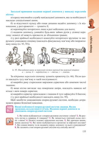 135
Загальні принципи надання першої допомоги у випадку переломів
кісток:
а) одразу викликайте службу невідкладної допомоги, яка за необхідності
накладає спеціалізовані шини;
б) за відсутності пульсу або ознак дихання надайте допомогу з їх від-
новлення; у разі кровотечі — зупиніть її;
в) переміщуйте потерпілого лише в разі небезпеки для нього;
г) надаючи допомогу, уникайте будь-яких зайвих рухів у ділянці пере-
лому: невмілі дії можуть призвести до збільшення травми;
ґ) у разі крайньої необхідності влаштуйте потерпілого зручніше та зне-
рухомте ушкоджену кінцівку (накладіть фіксувальну пов’язку або імпровізо-
вану шину (іл. 93, 95)).
За відкритих переломів спочатку зупиніть кровотечу (іл. 66). Після цьо-
го накладіть тугу пов’язку в такій послідовності:
а) накрийте рану стерильною марлевою серветкою або шматком чистої
тканини;
б)  якщо кістка виглядає над поверхнею шкіри, покладіть навколо неї
кільце з вати поверх серветки;
в) накрийте серветку прокладкою з тканини й туго зафіксуйте її бинтом;
г) у разі крайньої необхідності накладіть шину (іл. 95).
Щоб запобігти ушкодженням опорно-рухової системи, необхідно дотри-
мувати правил безпечної поведінки.
Вікові особливості опорно-рухової системи людини. Вплив
тренувань на властивості м’язів. Надання першої допомоги за
ушкоджень опорно-рухової системи
1. Які зміни відбуваються з опорно-руховою системою з віком? 2. Як рос-
туть кістки в довжину й товщину? 3. Як змінюється хімічний склад кіст-
ки з віком? 4. Назвіть основні порушення постави. 5. Які причини виник-
нення сколіозу? 6. Які зміни відбуваються в організмі за кіфозної постави?
7. Які ознаки вивиху та як надавати першу допомогу за цього ушкодження?
8. Як залежить стан опорно-рухової системи від способу життя?
Іл. 95. Накладання шини за переломів кісток верхньої та нижньої кінцівок:
а — плеча; б — передпліччя; в — стегна; г — гомілки.
 