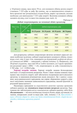 30
у 18-річного юнака, маса якого 70 кг, для основного обміну розхід енергії
становить 7 333 кДж за добу. Це означає, що за максимального спокою в
його організмі має розщепитися стільки білків, жирів і вуглеводів, скільки
необхідно для вивільнення 7 333 кДж енергії. Величина основного обміну
залежить від віку, статі та маси тіла людини (див. табл. 4).
Таблиця 4
Добові енерговитрати на основний обмін організму
Маса тіла,
кг
Стать
Вік
Добові енерговитрати, кДж
18–29 років 30–39 років 40–59 років 60–74 роки
60
чол. 6662 6285 5908 5447
жін. 5782 5615 5447 5154
70
чол. 7333 6914 6495 5992
жін. 6411 6243 6034 5698
80
чол. 8045 7584 7123 6578
жін. 7039 6830 6620 6285
Для розрахунку добових енерговитрат фізично активної дорослої лю-
дини необхідно величину добової енерговитрати основного обміну, відпо-
відну статі, віку й масі тіла, помножити на відповідний коефіцієнт фізич-
ної активності (КФА — наведений у таблиці додатку 2). Наприклад, для
20-річної студентки, маса якої 60 кг (тобто належить до І групи працівни-
ків розумової праці з КФА = 1,4), енерговитрати за добу становитимуть:
5 782 кДж ∙ 1,4 = 8 094,8 кДж.
Харчові потреби людини. Харчові потреби людини безпосередньо
пов’язані з її енергетичними витратами. Разом з їжею людина повинна отри-
мувати таку кількість енергії, щоб забезпечити підтримання життєдіяльності
організму та виконання різноманітних видів діяльності. Це є однією з осно-
вних засад раціонального харчування, яке сприяє збереженню здоров’я, опір-
ності шкідливим чинникам навколишнього середовища, високій фізичній та
розумовій працездатності.
Насамперед харчування за енергетичною цінністю харчових продуктів
добового раціону має відповідати енергетичним витратам організму. Хар-
чування має забезпечувати якісну повноцінність добового раціону, тобто бути
збалансованим — містити оптимальну кількість білків, жирів, вуглеводів, ві-
тамінів, мінеральних солей та води (див. табл. додатку 1–3). Пригадайте з
курсу «Основи здоров’я», яким має бути співвідношення білків, жирів та вуг-
леводів у добовому харчовому раціоні.
 