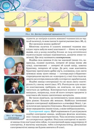 130
піднести до папірців клапоть вовняної тканини (після тер-
тя об паличку), то вона також їх притягуватиме (мал. 86, г).
Які висновки можна зробити?
Ебонітова паличка й клапоть вовняної тканини вна-
слідок тертя набули нової властивості — діяти на папірці
силою, яка у цьому випадку більша за силу всесвітнього
тяжіння (адже папірці піднімаються, долаючи земне тя-
жіння). Цю силу називають електричною.
Подібна сила виникає й під час взаємодії інших тіл, на-
приклад, скляної палички, потертої об шкіру (шовк або
гуму), пластмасової — потертої об сухий папір, шматка
бурштину, потертого об хутро. До речі, саме властивість
бурштину притягувати дрібне пір’я, соломинки, сухе листя
зумовила назву цього явища — електризація («бурштин»
старогрецькою звучить як «електрон»), а такі тіла стали на-
зивати наелектризованими (або електрично зарядженими).
Подібні явища електризації тіл ви мали змогу спосте-
рігати й у своєму житті (мал. 87). Розчісуючи сухе волос-
ся пластмасовим гребінцем, ви помічали, як воно при-
тягується до гребінця. Електризується волосся і в інших
випадках, наприклад, коли об нього потерти предмети із
пластмаси або інших синтетичних матеріалів.
Ви також відмічали, що інтенсивність таких явищ може
бути різною: більшою або меншою. Найбільш інтенсивні
процеси електризації відбуваються в атмосфері Землі, і ре-
зультатомцихпроцесівєблискавка.Наелектризованийстан
може передаватись іншим тілам, а може нейтралізуватись.
Електричний	заряд. Щоб порівнювати й досліджувати
подібні електричні явища, необхідна фізична величина,
яка є їхньою характеристикою. Така величина називаєть-
ся електричним зарядом. Оскільки електричні та магніт-
ні явища тісно пов’язані між собою, то електричний заряд характеризує й
електричну, й магнітну взаємодію, тобто електромагнітну. Детальніше
електромагнітні явища ми будемо вивчати в 9 класі.
а вб г
М��. 86. Дослід	із	взаємодії	заряджених	тіл
М��. 87. Прояви	
електризації
 