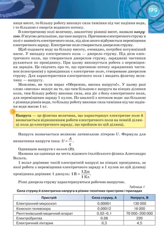 179
ниця висот, то більшу роботу виконує сила тяжіння під час падіння води,
і то більшою є енергія водяного потоку.
В електричному колі величину, аналогічну різниці висот, назвали напру-
гою.З’ясуємодетальніше,щотакенапруга.Причиноюелектричногострумув
колі є наявність електричного поля, під дією якого відбувається переміщення
електричного заряду. Електричне поле створюється джерелом струму.
Щоб подавати воду на більшу висоту, очевидно, потрібен потужніший
насос. У випадку електричного кола — джерело струму. Під дією елек-
тричного поля, що створюється джерелом струму, заряджені частинки
рухаються по провіднику. При цьому виконується робота з переміщен-
ня зарядів. Це свідчить про те, що причиною потоку заряджених части-
нок (електронів) у провідниках є електричне поле, створюване джерелом
струму. Для характеристики електричного поля і вводять фізичну вели-
чину — напругу.
Можливо, ви чули вираз «Обережно, висока напруга!». У цьому разі
слово «висока» вказує на те, що чим більшою є напруга на кінцях ділянки
кола, тим більшу роботу виконає сила, яка діє з боку електричного поля,
для переміщення заряду 1 кулон. По аналогії з потоком води: що більшою
є різниця рівнів води, то більшу роботу виконає сила тяжіння під час падін-
ня води масою 1 кг.
Напруга — це фізична величина, що характеризує електричне поле й
визначається відношенням роботи електричного поля на певній ділян-
ці кола до електричного заряду, що пройшов по цій ділянці.
Напруга позначається великою латинською літерою U. Формула для
визначення напруги така:
A
U
q
= .
Одиницею напруги є вольт (В).
Названа ця одиниця на честь відомого італійського фізика Алессандро
Вольта.
1 вольт дорівнює такій електричній напрузі на кінцях провідника, за
якої робота з переміщення електричного заряду в 1 кулон по цій ділянці
провідника дорівнює 1 джоуль: 1 =
1
Â
1
.
Різні джерела струму характеризуються робочою напругою.
Таблиця 1
Сила	струму	й	електрична	напруга	в	різних	технічних	пристроях	і	приладах
Пристрій Сила	струму,	а напруга,	в
Електронний	мікроскоп 0,00001	 130	000
Кінескоп	телевізора 0,00012	 16	000
Рентгенівський	медичний	апарат 0,02–0,1	 70	000–200	000
Електробритва 0,08	 220
Електричний	ліхтарик 0,3	 4,5
ня води масою 1 кг.
Напруга
Кл
Дж
 