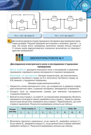 199
8. 	 До	полюсів	джерела	струму	приєднано	послідовно	два	провідники	одна-
кових	розмірів.	Перший	провідник	виготовлено	з	алюмінію,	другий	—	із	
міді.	 На	 кінцях	 якого	 провідника	 вольтметр	 покаже	 більшу	 напругу?	
У	 скільки	 разів	 відрізнятимуться	 показання	 вольтметра	 на	 першому	 і	
другому	провідниках?
Дослідження	електричного	кола	з	послідовним	з’єднанням	
провідників
Мета	 роботи:	дослідити	електричні	кола	з	послідовним	з’єднанням	
провідників,	перевірити	закони	послідовного	з’єднання	провідників.
Прилади	 та	 матеріали:	батарея	акумуляторів,	дві	електролампи,	
амперметр	постійного	струму	на	2	А,	вольтметр	постійного	струму	на	
4	В,	вимикач,	з’єднувальні	провідники.
Вказівки щодо виконання роботи
1.	 Накресліть	схему	електричного	кола,	що	складається	із	джерела	струму,	
двох	електричних	ламп,	з’єднаних	послідовно,	амперметра	та	вимикача.
2.	 Складіть	 коло	 за	 накресленою	 схемою	 для	 вивчення	 послідовного	
з’єднання	елементів.
3.	 Визначте	силу	струму	І1
	на	лампі	Л1
	за	показаннями	амперметра.	Включіть	
амперметр	після	другої	лампи	і	виміряйте	силу	струму	І2
.	Увімкніть	ампер-
метр	в	інше	місце	кола	і	виміряйте	силу	струму	І.	Переконайтеся,	що	сила	
струму	є	однаковою.	Результати	вимірювань	запишіть	до	таблиці.
номер	
досліду
Сила	струму, а напруга,	в опір,	ом
І1
І2
І U1
U2
U R1
R2
R
1
4.	 Вольтметр	підключіть	паралельно:	а)	до	лампи	Л1
,	виміряйте	напругу	U1
;	
б)	до	лампи	Л2
,	виміряйте	напругу	U2
;	в)	до	ділянки	кола	з	обома	лампами,	
виміряйте	напругу	U.	Результати	вимірювань	запишіть	до	таблиці.
М��. 167. До	задачі	7М��. 166. До	задачі	6
А V
6	Ом 4	Ом
А
V1
V2
 
