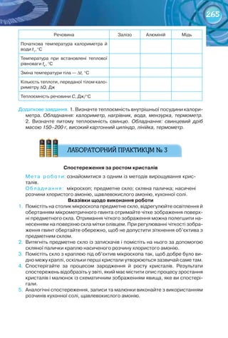 265
Речовина Залізо	 Алюміній Мідь
Початкова	 температура	 калориметра	 й	
води	t1
,	
°С
Температура	 при	 встановлені	 теплової	
рівноваги	tk
,	°С
Зміна	температури	тіла	—	∆t, °С
Кількість	теплоти,	переданої	тілом	кало-
риметру	∆Q,	Дж
Теплоємність	речовини	С,	Дж/°С
Додаткове	завдання.	1.	Визначте	теплоємність	внутрішньої	посудини	калори-
метра.	Обладнання: калориметр, нагрівник, вода, мензурка, термометр.	
2.	 Визначте	 питому	 теплоємність	 свинцю.	 Обладнання: свинцевий дріб
масою 150–200 г, високий картонний циліндр, лінійка, термометр.
Спостереження	за	ростом	кристалів
Мета	 роботи:	ознайомитися	з	одним	із	методів	вирощування	крис-
талів.
Обладнання:		мікроскоп;	предметне	скло;	скляна	паличка;	насичені	
розчини	хлористого	амонію,	щавлевокислого	амонію,	кухонної	солі.
вказівки	щодо	виконання	роботи
1.	 Помістіть	на	столик	мікроскопа	предметне	скло,	відрегулюйте	освітлення	й	
обертанням	мікрометричного	гвинта	отримайте	чітке	зображення	поверх-
ні	предметного	скла.	Отримання	чіткого	зображення	можна	полегшити	на-
несенням	на	поверхню	скла	мітки	олівцем.	При	регулюванні	чіткості	зобра-
ження	гвинт	обертайте	обережно,	щоб	не	допустити	зіткнення	об’єктива	з	
предметним	склом.
2.	 Витягніть	предметне	скло	із	затискачів	і	помістіть	на	нього	за	допомогою	
скляної	палички	краплю	насиченого	розчину	хлористого	амонію.
3.	 Помістіть	скло	з	краплею	під	об’єктив	мікроскопа	так,	щоб	добре	було	ви-
дно	межу	краплі,	оскільки	перші	кристали	утворюються	зазвичай	саме	там.
4.	 Спостерігайте	 за	 процесом	 зародження	 й	 росту	 кристалів.	 Результати	
спостережень	відобразіть	у	звіті,	який	має	містити	опис	процесу	зростання	
кристалів	і	малюнок	із	схематичним	зображенням	явища,	яке	ви	спостері-
гали.
5.	 Аналогічні	спостереження,	записи	та	малюнки	виконайте	з	використанням	
розчинів	кухонної	солі,	щавлевокислого	амонію.
 