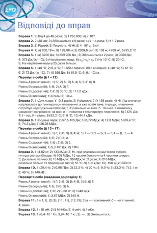270
Відповіді до вправ
Вправа 1. 2) Від 4 до 40 разів; 3) 1 250 000; 4) 2∙1024
.
Вправа 2. 2) 30 мм; 3) Збільшиться в 9 разів; 4) У 1,4 раза; 5) У 1,2 раза.
Вправа 3. 2) Рідкий; 3) Текучість; 4) Ні; 5) 4 ∙107
с;  5 м3
.
Вправа 4. 1) а) 200,19 м; б) 199,86 м; 2) 2009,6 см2
; 3) 108 м; 4) 09 м3
; 5) 95,2 °С
Вправа 5. 1) а) 3220 Дж; б) 559 200 Дж ; 2) Збільшиться в 2 рази; 3) 9200 Дж;
4) 378 Дж/(кг∙ °С); 5) Нагрівання; вода; 6) сІІІ
> сІІ
> сІ
; 7) На 10 °C; 8) 20 °C;	
9) На нагрівання води у 25 разів більше.
Вправа 6. 1) 40 °C; 2) 6,4 °C; 3) 120 л гарячої, 80 л холодної; 4) 40 °C; 5) 12 °C;
6) 2172 Дж/(кг∙°С); 7) 10 550 Дж; 8) 19,5 °C; 9) 0,1 °C/хв.
Перевірте себе (§ 1—12)
Рівень А (початковий); 1) Б ; 2) А ; 3) А; 4) Б; 5) Г; 6) В.
Рівень В (середній); 1) В; 2) А; 3) Г.
Рівень С (достатній); 1) Г; 2) 30 °С; 3) 117,2 кДж.
Рівень D (високий); 1) Сталь; 2) 10 м.
Вправа 7. 1) Для льоду. У 13,8 разів; 2) У рідкому; 3) У 158 разів; 4) Ні. Лід спочатку
нагрівається до температури плавлення, а вже потім тане, і процес плавлення	
потребує надходження теплоти; 5) Правильно на мал. б.  На мал. а помилка у	
швидкості нагрівання; на мал. в — помилка в температурі плавлення; 6) 3125  Дж;	
7) І – лід, ІІ – сталь; 8) 83,3 °С; 9) 8 °С; 10) 44,1 кДж.
Вправа 8. 1) Водяна пара; 2) 57,5∙105 Дж; 3) 2,72 МДж; 4) 12,3 МДж; 5) 89,4 °С;
6) 74,3 кДж; 7) 26,36 МДж.
Перевірте себе (§ 13—17)
Рівень А (початковий); 1) Г; 2) В; 3) В; 4) А; 5) 1 — В; 2 — Б; 3 — Г; 4 — Д;  5 — А.
Рівень В (середній); 1) Б; 2) Г; 3) А.
Рівень С (достатній); 1) Б ; 2) Б; 3) 2.
Рівень D (високий); 1) 5,3∙105
Дж; 2) 1МН.
Вправа 9. 1) 4,82 кг; 2) 133 МДж; 3) Ні, при спалюванні кам’яного вугілля,	
піч прогріється більше; 4) 105 МДж; 15 частин бензину на 4 частини спирту;	
5) Дизельне паливо; 6) 15 МДж/кг; 30 МДж/кг; 2 рази; 7) 216 МДж;	
дизельне пальне та природний газ; 8) 55 °С; 9) 105 кДж; 10)  100 кДж; 333 Вт.
Вправа 10. 1) 29,4 %; 2) 0,96 ГДж; 3) 33,3 %; 4) 20 %; 5) 9,9 %; 6) 33,3 %; 7) 3,1 кг;
8) 40 %; 9) 140 кВт.
Перевірте себе (завдання до розділу 1)
Рівень А (початковий); 1) Г; 2) В; 3) В; 4) В; 5) Б; 6) Г.
Рівень В (середній); 1) Б; 2) Б; 3) А.
Рівень С (достатній); 1) В; 2) 0,38 кг; 3) 1048 кДж.
Рівень D (високий); 1) 3,87 МДж; 2) 545 Н.
Вправа 11. 1) (1;1), (3; 3), (11; 11), (13;13); 3) а — позитивний; б – негативний;
4) один.
Вправа 12. 1) 10 мН; 2) 5 МН/Кл; 3) 4 мкН; 4) 1 нКл.
Вправа 13. 1) 6,4 ∙10–7
Кл; 3,64∙10–18
кг; 2)  — ; 3) Зменшиться;	
 