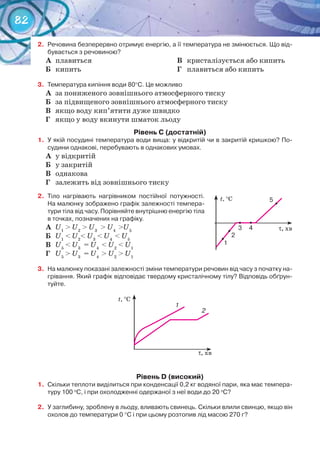 82
2.	 Речовина безперервно отримує енергію, а її температура не змінюється. Що від-
бувається з речовиною?
А	 плавиться
Б	 кипить
В	 кристалізується або кипить
Г	 плавиться або кипить
3.	 Температура кипіння води 80°С. Це можливо
А	 за пониженого зовнішнього атмосферного тиску
Б	 за підвищеного зовнішнього атмосферного тиску
В	 якщо воду кип’ятити дуже швидко
Г	 якщо у воду вкинути шматок льоду
Рівень С (достатній)
1.	 У якій посудині температура води вища: у відкритій чи в закритій кришкою? По-
судини однакові, перебувають в однакових умовах.
А	 у відкритій
Б	 у закритій
В	 однакова
Г	 залежить від зовнішнього тиску
2.	 Тіло нагрівають нагрівником постійної потужності.
На малюнку зображено графік залежності темпера-
тури тіла від часу. Порівняйте внутрішню енергію тіла
в точках, позначених на графіку.
А	 U1
> U2
> U3
> U4
>U5
Б	 U1
< U2
< U3
< U4
< U5
В	 U5
< U3
= U4
< U2
< U1
Г	 U5
> U3
= U4
> U2
> U1
3.	 На малюнку показані залежності зміни температури речовин від часу з початку на-
грівання. Який графік відповідає твердому кристалічному тілу? Відповідь обґрун-
туйте.
t, °C
τ, хв
1
2
Рівень D (високий)
1.	 Скільки теплоти виділиться при конденсації 0,2 кг водяної пари, яка має темпера-
туру 100 о
С, і при охолодженні одержаної з неї води до 20 о
С?
2.	 У заглибину, зроблену в льоду, вливають свинець. Скільки влили свинцю, якщо він
охолов до температури 0 °С і при цьому розтопив лід масою 270 г?
t, °C
τ, хв
1
2
3 4
5
•
•
•
•
•
 