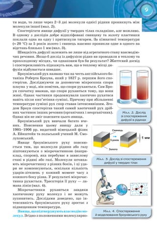 9
ти води, то лише через 2–3 дні молекули однієї рідини проникнуть між
молекули іншої (мал. 2).
Спостерігати явище дифузії у твердих тілах складніше, але можливо.
В одному з дослідів добре відшліфовані свинцеву та золоту пластинки
поклали одна на одну і притиснули тягарем. За кімнатної температури
(≈ 20 °С) за 5 років золото і свинець взаємно проникли одне в одного на
відстань близько 1 мм (мал. 3).
Швидкість дифузії залежить не лише від агрегатного стану взаємодію-
чих речовин. Якщо б дослід із дифузією рідин ви проводили в теплому та
прохолодному місцях, чи однаковим був би результат? Життєвий досвід
і спостережливість підкажуть вам, що в теплому місці ди-
фузія відбувається швидше.
Броунівський рух названо так на честь англійського бо-
таніка Роберта Броуна, який у 1827 р. першим його спо-
стерігав. Досліджуючи за допомогою мікроскопа спори
плауна�
у воді, він помітив, що спори рухаються. Сам Бро-
ун спочатку вважав, що спори рухаються тому, що вони
живі. Однак частинки продовжували хаотично рухатися
навіть після кип’ятіння суміші. Причому при збільшенні
температури суміші рух спор ставав інтенсивнішим. Зго-
дом Броун спостерігав такий самий хаотичний рух дріб-
них частинок інших речовин (органічних і неорганічних).
Однак він не зміг пояснити цього явища.
Броунівський рух вивчали багато вче-
них. Пояснення цьому явищу дали у
1905–1906 рр. видатний німецький фізик
А. Ейнштейн та польський учений М. Смо-
луховський.
Явище броунівського руху поясню-
ється тим, що молекули рідини або газу
зіштовхуються з мікрочастинкою (напри-
клад, спорою), яка перебуває в завислому
стані в рідині або газі. Молекули штовха-
ють мікрочастинку з різних боків, і ці уда-
ри не компенсуються, оскільки кількість
ударів-зіткнень у кожний момент часу з
кожного боку різна. У результаті мікрочас-
тинка рухається. Траєкторія її руху — ла-
мана лінія (мал. 4).
Мікрочастинки рухаються завдяки
хаотичному руху молекул і не можуть
зупинитись. Дослідами доведено, що ін-
тенсивність броунівського руху зростає з
підвищенням температури.
Явища,	що	підтверджують	взаємодію	мо-
лекул. Згідно з положеннями молекулярно-
М��. 2. Дослід	
зі	спостереження	
дифузії	в	рідинах
М��. 3. Дослід	зі	спостереження	
дифузії	у	твердих	тілах
М��. 4. Спостереження	
й	моделювання	броунівського	руху
 