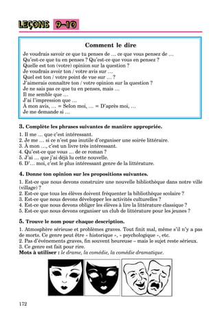 172
9–10
Comment le dire
Je voudrais savoir ce que tu penses de … ce que vous pensez de …
Qu’est-ce que tu en penses ? Qu’est-ce que vous en pensez ?
Quelle est ton (votre) opinion sur la question ?
Je voudrais avoir ton / votre avis sur …
Quel est ton / votre point de vue sur … ?
J’aimerais connaître ton / votre opinion sur la question ?
Je ne sais pas ce que tu en penses, mais …
Il me semble que …
J’ai l’impression que …
À mon avis, … = Selon moi, … = D’après moi, …
p q
Je me demande si …
3. Complète les phrases suivantes de manière appropriée.
1. Il me … que c’est intéressant.
2. Je me … si ce n’est pas inutile d’organiser une soirée littéraire.
3. À mon …, c’est un livre très intéressant.
p g
4. Qu’est-ce que vous … de ce roman ?
5. J’ai … que j’ai déjà lu cette nouvelle.
6. D’… moi, c’est le plus intéressant genre de la littérature.
4. Donne ton opinion sur les propositions suivantes.
1. Est-ce que nous devons construire une nouvelle bibliothèque dans notre ville
(village) ?
2. Est-ce que tous les élèves doivent fréquenter la bibliothèque scolaire ?
3. Est-ce que nous devons développer les activités culturelles ?
4. Est-ce que nous devons obliger les élèves à lire la littérature classique ?
5. Est-ce que nous devons organiser un club de littérature pour les jeunes ?
5. Trouve le nom pour chaque description.
1. Atmosphère sérieuse et problèmes graves. Tout ﬁnit mal, même s’il n’y a pas
de morts. Ce genre peut être « historique », « psychologique », etc.
2. Pas d’événements graves, ﬁn souvent heureuse – mais le sujet reste sérieux.
3. Ce genre est fait pour rire.
Mots à utiliser : le drame, la comédie, la comédie dramatique.
LEÇONS
 