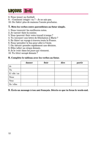 12
LEÇONS 3–4
8. Nous (jouer) au football.
9. – Comment (réagir) -tu ? – Je ne sais pas.
10. On (bâtir) plus de maisons l’année prochaine.
7. Mets les verbes entre parenthèses au futur simple.
1. Nous (recevoir) les meilleures notes.
2. Je (savoir) faire la cuisine.
3. Vous (pouvoir) finir votre travail à temps ?
4. Tu (envoyer) une lettre de félicitation à Marie ?
5. Ils (faire) un voyage à travers toute la France.
6. Nous (prendre) le bus pour aller à l’école.
7. On (devoir) prendre rapidement une décision.
8. Elles (aller) au cirque demain.
9. Je le (voir) dans les jours qui viennent.
10. Tu (être) occupé demain ?
8. Complète le tableau avec les verbes au futur.
danser finir dire partir
Je
Tu
Il / elle / on
Nous
Vous
Ils / elles
9. Écris un message à ton ami français. Décris ce que tu feras le week-end.
 