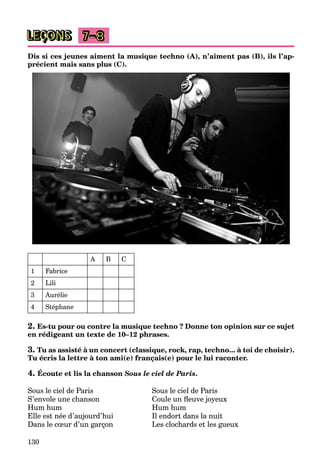 130
LEÇONS 7–8
Dis si ces jeunes aiment la musique techno (A), n’aiment pas (B), ils l’ap-
précient mais sans plus (C).
A B C
1 Fabrice
2 Lili
3 Aurélie
4 Stéphane
2. Es-tu pour ou contre la musique techno ? Donne ton opinion sur ce sujet
en rédigeant un texte de 10–12 phrases.
3. Tu as assisté à un concert (classique, rock, rap, techno... à toi de choisir).
Tu écris la lettre à ton ami(e) français(e) pour le lui raconter.
4. Écoute et lis la chanson Sous le ciel de Paris.
Sous le ciel de Paris
S’envole une chanson
Hum hum
Elle est née d’aujourd’hui
Dans le cœur d’un garçon
Sous le ciel de Paris
Coule un fleuve joyeux
Hum hum
Il endort dans la nuit
Les clochards et les gueux
 
