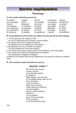 180
Exercices complémentaires
Phonétique
1. Lis et prête attention au son [ã].
un enfant manger rentrer la chambre maman
une enveloppe lancer une pendule un tambour maintenant
l’entrée demander une tente une lampe un ruban
une ampoule un manteau le silence une jambe un banc
une ambulance un pantalon vendredi décembre le ventre
une mandarine la cantine une dent il tremble le temps
les vacances la tempête un gendarme il prend du dentifrice
2. Lis les phrases et écris dans ton cahier les sons qui ont les sons nasaux.
1. « N’aie pas peur, dit maman à Yves.
Le vent n’emportera pas la maison, elle est solide. »
2. Au restaurant, Yves a mangé du jambon,
du poulet avec de la salade et un bon dessert.
3. En décembre, le vent a soufflé en tempête.
Il a fait trembler les vitres des maisons.
4. Au volant de sa voiture, papa avance avec prudence sur la route gelée.
5. Un cycliste s’est blessé à la jambe dans un accident.
Une ambulance l’emporte à l’hôpital.
6. Béatrice est malade. Elle a de la température. Sa maman lui donne un médica-
ment.
3. Lis le poème et prête attention au son [y].
Amnésie voulue ?
On s’était bien connus
et puis, un jour,
je ne sais plus quand…
il a disparu.
Mais, depuis, j’en suis sûre,
je l’ai parfois aperçu dans la rue.
Je ne sais plus…
s’il m’a reconnu.
Mais moi, du moins,
j’étais sûre que c’était lui…
J’ai dû l’appeler…
mais il n’a pas répondu.
Pourtant…
j’ai cru parfois
que je l’avais entendu.
Je ne sais plus…
ce qu’il est devenu mais…
 
