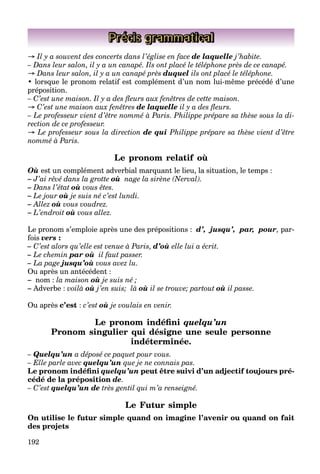 192
Précis grammatical
→ Il y a souvent des concerts dans l’église en face de laquelle j’habite.
– Dans leur salon, il y a un canapé. Ils ont placé le téléphone près de ce canapé.
→ Dans leur salon, il y a un canapé près duquel ils ont placé le téléphone.
• lorsque le pronom relatif est complément d’un nom lui-même précédé d’une
préposition.
– C’est une maison. Il y a des fleurs aux fenêtres de cette maison.
→ C’est une maison aux fenêtres de laquelle il y a des fleurs.
– Le professeur vient d’être nommé à Paris. Philippe prépare sa thèse sous la di-
rection de ce professeur.
→ Le professeur sous la direction de qui Philippe prépare sa thèse vient d’être
nommé à Paris.
Le pronom relatif où
Où est un complément adverbial marquant le lieu, la situation, le temps :
– J’ai rêvé dans la grotte où nage la sirène (Nerval).
– Dans l’état où vous êtes.
– Le jour où je suis né c’est lundi.
– Allez où vous voudrez.
– L’endroit où vous allez.
Le pronom s’emploie après une des prépositions : d’, jusqu’, par, pour, par-
fois vers :
– C’est alors qu’elle est venue à Paris, d’où elle lui a écrit.
– Le chemin par où il faut passer.
– La page jusqu’où vous avez lu.
Ou après un antécédent :
– nom : la maison où je suis né ;
– Adverbe : voilà où j’en suis; là où il se trouve; partout où il passe.
Ou après c’est : c’est où je voulais en venir.
Le pronom indéfini quelqu’un
Pronom singulier qui désigne une seule personne
indéterminée.
– Quelqu’un a déposé ce paquet pour vous.
– Elle parle avec quelqu’un que je ne connais pas.
Le pronom indéfini quelqu’un peut être suivi d’un adjectif toujours pré-
cédé de la préposition de.
– C’est quelqu’un de très gentil qui m’a renseigné.
Le Futur simple
On utilise le futur simple quand on imagine l’avenir ou quand on fait
des projets
 