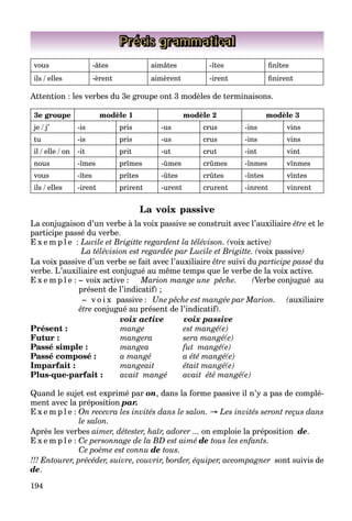 194
Précis grammatical
vous -âtes aimâtes -îtes finîtes
ils / elles -èrent aimèrent -irent finirent
Attention : les verbes du 3e groupe ont 3 modèles de terminaisons.
3e groupe modèle 1 modèle 2 modèle 3
je / j’ -is pris -us crus -ins vins
tu -is pris -us crus -ins vins
il / elle / on -it prit -ut crut -int vint
nous -îmes prîmes -ûmes crûmes -înmes vînmes
vous -îtes prîtes -ûtes crûtes -întes vîntes
ils / elles -irent prirent -urent crurent -inrent vinrent
La voix passive
La conjugaison d’un verbe à la voix passive se construit avec l’auxiliaire être et le
participe passé du verbe.
E x e m p l e : Lucile et Brigitte regardent la télévison. (voix active
(
( )
e
La télévision est regardée par Lucile et Brigitte. (voix passive
(
( )
e
e
La voix passive d’un verbe se fait avec l’auxiliaire être suivi du participe passé du
verbe. L’auxiliaire est conjugué au même temps que le verbe de la voix active.
E x e m p l e : – voix active : Marion mange une pêche. (Verbe conjugué au
(
(
présent de l’indicatif) ;
– v o i x passive : Une pêche est mangée par Marion. (auxiliaire
(
(
être conjugué au présent de l’indicatif).
voix active voix passive
Présent : mange est mangé(e)
Futur : mangera sera mangé(e)
Passé simple : mangea fut mangé(e)
Passé composé : a mangé a été mangé(e)
Imparfait : mangeait était mangé(e)
Plus-que-parfait : avait mangé avait été mangé(e)
Quand le sujet est exprimé par on, dans la forme passive il n’y a pas de complé-
ment avec la préposition par.
E x e m p l e : On recevra les invités dans le salon. → Les invités seront reçus dans
le salon.
Après les verbes aimer, détester, haïr, adorer ... on emploie la préposition de.
E x e m p l e : Ce personnage de la BD est aimé de tous les enfants.
Ce poème est connu de tous.
!!! Entourer, précéder, suivre, couvrir, border, équiper, accompagner sont suivis de
de.
 