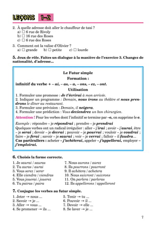 7
LEÇONS 1–2
2. À quelle adresse doit aller le chauffeur de taxi ?
a)  6 rue de Rivoly
b)  16 rue des Roses
c)  6 rue des Roses
3. Comment est la valise d’Olivier ?
a)  grande b)  petite c)  lourde
5. Jeux de rôle. Faites un dialogue à la manière de l’exercice 3. Changez de
nationalité, d’adresse...
Le Futur simple
Formation :
infinitif du verbe + – ai, – as, – a, – ons, – ez, – ont.
Utilisation
1. Formuler une promesse : Je t’écrirai à mon arrivée.
2. Indiquer un programme : Demain, nous irons au théâtre et nous pren-
drons le dîner au restaurant.
3. Formuler une prévision : Demain, il neigera.
4. Formuler une prédiction : Vous deviendrez un bon chirurgien.
Attention ! Pour les verbes dont l’infinitif se termine par –e, on supprime le e.
Exemple : répondre – je répondrai ; prendre – je prendrai
Quelques verbes ont un radical irrégulier : aller – j’irai ; avoir – j’aurai, être
– je serai ; devoir – je devrai ; pouvoir – je pourrai ; vouloir – je voudrai ;
faire – je ferai ; savoir – je saurai ; voir – je verrai ; falloir – il faudra...
Cas particuliers : acheter – j’achèterai
– , appeler –
r j’appellerai, employer –
r
j’emploirai.
6. Choisis la forme correcte.
1. Je saurai / sauras 7. Nous aurons / aurez
2. Tu auras / aurai 8. Ils pourrons / pourront
3. Vous serez / serer 9. Il achètera / achetera
4. Elle viendra / viendras 10. Nous suivront / suivrons
5. Vous jouerai / jouerez 11. On parlera / parleras
6. Tu pairas / paira 12. Ils appellerons / appelleront
7. Conjugue les verbes au futur simple.
1. Jeter → nous ... 5. Tenir → tu ...
2. Savoir → je ... 6. Pouvoir → il ...
3. Aller → vous ... 7. Devoir → elle ...
4. Se promener → ils ... 8. Se laver → je ...
 