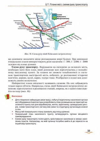 § 7. Плани міст, схеми руху транспорту
Академгородої
Житомирська1
Святошино^
Нивкі
Берестейські
Героїв Дніпра
Схем а
Ки ївсько го
М е троп ол іте н у
■с % V * ''Х
% ъ
’4 ^ * 4
Мал. 16. Схема руху ліній Київського метрополітену
що допомагає визначити місце розташування нової будівлі. При виконанні
генеральних планів використовують різні масштаби: 1 : 500; 1 : 2500; 1 : 5000
залежно від площі ділянки.
Схеми руху транспорту. Вирушаючи на екскурсію до великого міста,
необхідно мати його план, який допоможе вам зорієнтуватись у незнайо­
мому населеному пункті. За планом ви зможете ознайомитися із систе­
мою транспортних магістралей міста, побачите, де розташовані історичні
пам’ятки, церкви, музеї, парки, театри тощо. Розібратися в плані вам допо­
можуть умовні позначення.
Найпростіші плани місцевості називають схемами. На них зображують
тільки окремі об’єкти. Наприклад, схема ліній Київського метрополітену до­
поможе зорієнтуватися в розміщенні станцій, зокрема, як з однієї гілки пере­
йти на іншу (мал. 16).
Висновки
• Для створення найкращих умов праці, побуту й відпочинку населення органи
містобудування й архітектури розробляють план розміщення на території на­
селеного пункту зон для виробництва, житла, відпочинку, громадських цент­
рів, схеми транспортного зв’язку між ними та структурну організацію кожної
із зон.
• Масштаб генерального плану залежить від площі ділянки.
• Генеральний план населеного пункту затверджують органи місцевого
самоврядування.
• Схеми руху транспорту полегшують орієнтування населення в межах насе­
лених пунктів. Наприклад, на якій зупинці потрібно вийти й де пересісти на
інший вид транспорту.
33
 