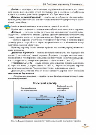 § 8. Політична карта світу, її елем енти...
Країна — територія з визначеними кордонами й населенням, що стано­
вить єдине ціле з погляду історії і культури, яка в політико-географічному
аспекті може мати державний суверенітет або бути залежною.
Залежні території (колонії) —країни, що перебувають під владою іно­
земних держав-метрополій. Вони не мають політичного суверенітету й еконо­
мічної самостійності.
Знайдіть на політичній карті атласу залежні території. Назвіть їх.
Країна, яка стає повністю незалежною, набуває політичних ознак держави.
Держава — суверенне політичне утворення з визначеною територією, гос­
подарством і політичною владою. Держава здійснює діяльність через особливу
систему органів влади, які керують основними сферами життя суспільства.
Територія держави є частиною географічного простору й включає форми
рельєфу, річки, озера, береги морів, природні комплекси, сільськогосподар­
ські угіддя, кар’єри, міста тощо.
Будь-яку державу можна назвати країною, але не кожну країну можна на­
звати державою.
Державна територія — частина поверхні земної кулі, яка перебуває під
владою (суверенітетом) певної держави. Державна територія включає: повіт­
ряний простір, територіальні води, зокрема й внутрішні (акваторію); надра ра­
зом із ресурсами під поверхнею суходолу та під акваторією (мал. 17).
Територіальні води — смуга вздовж усіх морських берегів завширшки
12 морських миль (1 морська миля — 1852 м). Україна як морська держава
має територіальні води в Чорному й внутрішні в Азовському морях.
Держави, незалежність яких не визнає більшість держав світу, називають
невизнаними державами.
• Користуючись додатком 1, з ’ясуйте, чи має Україна спільний кордон із неви­
знаними державами.
37
Мал. 17. Кордони держави на суходолі, у Світовому океані й повітряному просторі
 
