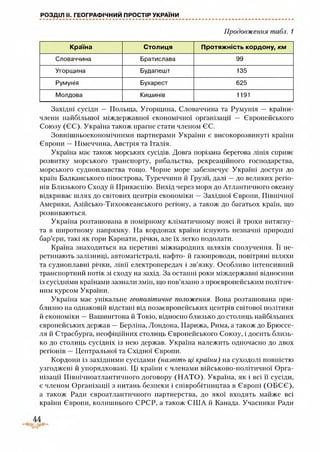 РОЗДІЛ II. ГЕОГРАФІЧНИЙ ПРОСТІР УКРАЇНИ
Продовження табл. 1
Країна Столиця Протяжність кордону, км
Словаччина Братислава 99
Угорщина Будапешт 135
Румунія Бухарест 625
Молдова Кишинів 1191
Західні сусіди — Польща, Угорщина, Словаччина та Румунія — країни-
члени найбільшої міждержавної економічної організації — Європейського
Союзу (ЄС). Україна також прагне стати членом ЄС.
Зовнішньоекономічними партнерами України є високорозвинуті країни
Європи —Німеччина, Австрія та Італія.
Україна має також морських сусідів. Довга порізана берегова лінія сприяє
розвитку морського транспорту, рибальства, рекреаційного господарства,
морського судноплавства тощо. Чорне море забезпечує Україні доступ до
країн Балканського півострова, Туреччини й Грузії, далі —до великих регіо­
нів Близького Сходу іі Прикаспію. Вихід через моря до Атлантичного океану
відкриває шлях до світових центрів економіки —Західної Європи, Північної
Америки, Азійсько-Тихоокеанського регіону, а також до багатьох країн, що
розвиваються.
Україна розташована в помірному кліматичному поясі й трохи витягну­
та в широтному напрямку. На кордонах країни існують незначні природні
бар’єри, такі як гори Карпати, річки, але їх легко подолати.
Країна знаходиться на перетині міжнародних шляхів сполучення. Її пе­
ретинають залізниці, автомагістралі, нафто- й газопроводи, повітряні шляхи
та судноплавні річки, лінії електропередач і зв’язку. Особливо інтенсивний
транспортний потік зі сходу на захід. За останні роки міждержавні відносини
із сусідніми країнами зазнали змін, що пов’язано з проєвропейським політич­
ним курсом України.
Україна має унікальне геополітичне положення. Вона розташована при­
близно на однаковій відстані від позаєвропейських центрів світової політики
й економіки —Вашингтона й Токіо, відносно близько до столиць найбільших
європейських держав —Берліна, Лондона, Парижа, Рима, а також до Брюссе­
ля й Страсбурга, неофіційних столиць Європейського Союзу, і досить близь­
ко до столиць сусідніх із нею держав. Україна належить одночасно до двох
регіонів —Центральної та Східної Європи.
Кордони із західними сусідами (назвіть ці країни) на суходолі повністю
узгоджені й упорядковані. Ці країни є членами військово-політичної Орга­
нізації Північноатлантичного договору (НАТО). Україна, як і всі її сусіди,
є членом Організації з питань безпеки і співробітництва в Європі (ОБСЄ),
а також Ради євроатлантичного партнерства, до якої входять майже всі
країни Європи, колишнього СРСР, а також США й Канада. Учасники Ради
 
