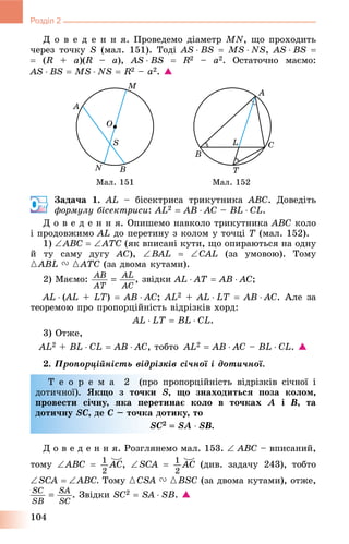 104
Розділ 2
Ä î â å ä å í í ÿ. Ïðîâåäåìî äіàìåòð MN, ùî ïðîõîäèòü
÷åðåç òî÷êó S (ìàë. 151). Òîäі AS  BS  MS  NS, AS  BS 
 (R + a)(R –R a), AS  BS  R2 – a2. Îñòàòî÷íî ìàєìî:
AS  BS  MS  NS  R2 – a2. 
Ìàë. 151 Ìàë. 152
Çàäà÷à 1. AL – áіñåêòðèñà òðèêóòíèêà ABC. Äîâåäіòü
ôîðìóëó áіñåêòðèñè: AL2  AB  AC – BL  CL.
Ä î â å ä å í í ÿ. Îïèøåìî íàâêîëî òðèêóòíèêà ABC êîëî
і ïðîäîâæèìî AL äî ïåðåòèíó ç êîëîì ó òî÷öі T (ìàë. 152).
1) ABC  ATC (ÿê âïèñàíі êóòè, ùî îïèðàþòüñÿ íà îäíó
é òó ñàìó äóãó AC), BAL  CAL (çà óìîâîþ). Òîìó
{ABL V {ATC (çà äâîìà êóòàìè).
2) Ìàєìî: , çâіäêè AL  AT  AB  AC;
AL  (AL(( + LT)  AB  AC; AL2 + AL  LT  AB  AC. Àëå çà
òåîðåìîþ ïðî ïðîïîðöіéíіñòü âіäðіçêіâ õîðä:
AL  LT  BL  CL.
3) Îòæå,
AL2 + BL  CL  AB  AC, òîáòî AL2  AB  AC – BL  CL. 
2. Ïðîïîðöіéíіñòü âіäðіçêіâ ñі÷íîї і äîòè÷íîї.
Ò å î ð å ì à 2 (ïðî ïðîïîðöіéíіñòü âіäðіçêіâ ñі÷íîї і
äîòè÷íîї). ßêùî ç òî÷êè S, ùî çíàõîäèòüñÿ ïîçà êîëîì,
ïðîâåñòè ñі÷íó, ÿêà ïåðåòèíàє êîëî â òî÷êàõ A і B, òà
äîòè÷íó SC, äå C – òî÷êà äîòèêó, òî
SC2  SA  SB.
Ä î â å ä å í í ÿ. Ðîçãëÿíåìî ìàë. 153.  ABC – âïèñàíèé,
òîìó ABC  , SCA  (äèâ. çàäà÷ó 243), òîáòî
SCA  ABC. Òîìó {CSA V {BSC (çà äâîìà êóòàìè), îòæå,
. Çâіäêè SC2  SA  SB. 
 