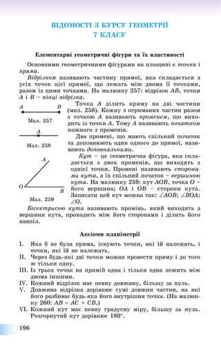 196
ÂІÄÎÌÎÑÒІ Ç ÊÓÐÑÓ ÃÅÎÌÅÒÐІЇ
7 ÊËÀÑÓ
Åëåìåíòàðíі ãåîìåòðè÷íі ôіãóðè òà їõ âëàñòèâîñòі
Îñíîâíèìè ãåîìåòðè÷íèìè ôіãóðàìè íà ïëîùèíі є òî÷êà і
ïðÿìà.
Âіäðіçêîì íàçèâàþòü ÷àñòèíó ïðÿìîї, ÿêà ñêëàäàєòüñÿ ç
óñіõ òî÷îê öієї ïðÿìîї, ùî ëåæàòü ìіæ äâîìà її òî÷êàìè,
ðàçîì іç öèìè òî÷êàìè. Íà ìàëþíêó 257: âіäðіçîê AB, òî÷êè
A і B – êіíöі âіäðіçêà.
Òî÷êà A äіëèòü ïðÿìó íà äâі ÷àñòèíè
(ìàë. 258). Êîæíó ç îòðèìàíèõ ÷àñòèí ðàçîì
ç òî÷êîþ A íàçèâàþòü ïðîìåíåì, ùî âèõî-
äèòü іç òî÷êè A. Òîìó A íàçèâàþòü ïî÷àòêîì
êîæíîãî ç ïðîìåíіâ.
Äâà ïðîìåíі, ùî ìàþòü ñïіëüíèé ïî÷àòîê
òà äîïîâíþþòü îäèí îäíîãî äî ïðÿìîї, íàçè-
âàþòü äîïîâíÿëüíèìè.
Êóò – öå ãåîìåòðè÷íà ôіãóðà, ÿêà ñêëà-
äàєòüñÿ ç äâîõ ïðîìåíіâ, ùî âèõîäÿòü ç
îäíієї òî÷êè. Ïðîìåíі íàçèâàþòü ñòîðîíà-
ìè êóòà, à їõ ñïіëüíèé ïî÷àòîê – âåðøèíîþ
êóòà. Íà ìàëþíêó 259: êóò AOB, òî÷êà O –
éîãî âåðøèíà; OA і OB – ñòîðîíè êóòà.
Çàïèñàòè öåé êóò ìîæíà òàê: AOB ; BOA;
O.
Áіñåêòðèñîþ êóòà íàçèâàþòü ïðîìіíü, ÿêèé âèõîäèòü ç
âåðøèíè êóòà, ïðîõîäèòü ìіæ éîãî ñòîðîíàìè і äіëèòü éîãî
íàâïіë.
Àêñіîìè ïëàíіìåòðії
I. ßêà á íå áóëà ïðÿìà, іñíóþòü òî÷êè, ÿêі їé íàëåæàòü, і
òî÷êè, ÿêі їé íå íàëåæàòü.
II. ×åðåç áóäü-ÿêі äâі òî÷êè ìîæíà ïðîâåñòè ïðÿìó і äî òîãî
æ òіëüêè îäíó.
III. Іç òðüîõ òî÷îê íà ïðÿìіé îäíà і òіëüêè îäíà ëåæèòü ìіæ
äâîìà іíøèìè.
IV. Êîæíèé âіäðіçîê ìàє ïåâíó äîâæèíó, áіëüøó çà íóëü.
V. Äîâæèíà âіäðіçêà äîðіâíþє ñóìі äîâæèí ÷àñòèí, íà ÿêі
éîãî ðîçáèâàє áóäü-ÿêà éîãî âíóòðіøíÿ òî÷êà. (Íà ìàëþí-
êó 260: AB  AC + CB.)
VI. Êîæíèé êóò ìàє ïåâíó ãðàäóñíó ìіðó, áіëüøó çà íóëü.
Ðîçãîðíóòèé êóò äîðіâíþє 180.
Ìàë. 257
Ìàë. 258
Ìàë. 259
 