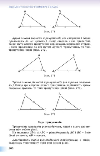 200
ВІДОМОСТІ З КУРСУ ГЕОМЕТРІЇЇ 7 КЛАСУ
Ìàë. 271
Äðóãà îçíàêà ðіâíîñòі òðèêóòíèêіâ (çà ñòîðîíîþ і äâîìà
ïðèëåãëèìè äî íåї êóòàìè). ßêùî ñòîðîíà і äâà ïðèëåãëèõ
äî íåї êóòè îäíîãî òðèêóòíèêà äîðіâíþþòü âіäïîâіäíî ñòîðîíі
і äâîì ïðèëåãëèì äî íåї êóòàì äðóãîãî òðèêóòíèêà, òî òàêі
òðèêóòíèêè ðіâíі (ìàë. 272).
Ìàë. 272
Òðåòÿ îçíàêà ðіâíîñòі òðèêóòíèêіâ (çà òðüîìà ñòîðîíà-
ìè). ßêùî òðè ñòîðîíè îäíîãî òðèêóòíèêà äîðіâíþþòü òðüîì
ñòîðîíàì äðóãîãî, òî òàêі òðèêóòíèêè ðіâíі (ìàë. 273).
Ìàë. 273
Âèäè òðèêóòíèêіâ
Òðèêóòíèê íàçèâàþòü ðіâíîáåäðåíèì, ÿêùî â íüîãî äâі ñòî-
ðîíè ìіæ ñîáîþ ðіâíі.
Íà ìàëþíêó 274: UABC – ðіâíîáåäðåíèé; AC і BC – éîãî
áі÷íі ñòîðîíè; AB – îñíîâà.
Âëàñòèâіñòü êóòіâ ðіâíîáåäðåíîãî òðèêóòíèêà. Ó ðіâíî-
áåäðåíîìó òðèêóòíèêó êóòè ïðè îñíîâі ðіâíі.
 