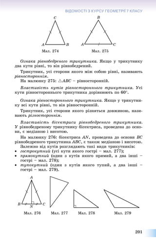 201
ВІДОМОСТІ З КУРСУ ГЕОМЕТРІЇЇ 7 КЛАСУ
Ìàë. 274 Ìàë. 275
Îçíàêà ðіâíîáåäðåíîãî òðèêóòíèêà. ßêùî ó òðèêóòíèêó
äâà êóòè ðіâíі, òî âіí ðіâíîáåäðåíèé.
Òðèêóòíèê, óñі ñòîðîíè ÿêîãî ìіæ ñîáîþ ðіâíі, íàçèâàþòü
ðіâíîñòîðîííіì.
Íà ìàëþíêó 275: UABC – ðіâíîñòîðîííіé.
Âëàñòèâіñòü êóòіâ ðіâíîñòîðîííüîãî òðèêóòíèêà. Óñі
êóòè ðіâíîñòîðîííüîãî òðèêóòíèêà äîðіâíþþòü ïî 60.
Îçíàêà ðіâíîñòîðîííüîãî òðèêóòíèêà. ßêùî ó òðèêóòíè-
êó âñі êóòè ðіâíі, òî âіí ðіâíîñòîðîííіé.
Òðèêóòíèê, óñі ñòîðîíè ÿêîãî ðіçíÿòüñÿ äîâæèíîþ, íàçè-
âàþòü ðіçíîñòîðîííіì.
Âëàñòèâіñòü áіñåêòðèñè ðіâíîáåäðåíîãî òðèêóòíèêà.
Ó ðіâíîáåäðåíîìó òðèêóòíèêó áіñåêòðèñà, ïðîâåäåíà äî îñíî-
âè, є ìåäіàíîþ і âèñîòîþ.
Íà ìàëþíêó 276: áіñåêòðèñà AN, ïðîâåäåíà äî îñíîâè BC
ðіâíîáåäðåíîãî òðèêóòíèêà ABC, є òàêîæ ìåäіàíîþ і âèñîòîþ.
Çàëåæíî âіä êóòіâ ðîçãëÿäàþòü òàêі âèäè òðèêóòíèêіâ:
 ãîñòðîêóòíèé (óñі êóòè ÿêîãî ãîñòðі – ìàë. 277);
 ïðÿìîêóòíèé (îäèí ç êóòіâ ÿêîãî ïðÿìèé, à äâà іíøі –
ãîñòðі – ìàë. 278);
 òóïîêóòíèé (îäèí ç êóòіâ ÿêîãî òóïèé, à äâà іíøі –
ãîñòðі – ìàë. 279).
Ìàë. 276 Ìàë. 277 Ìàë. 278 Ìàë. 279
 