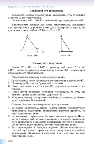 202
ВІДОМОСТІ З КУРСУ ГЕОМЕТРІЇЇ 7 КЛАСУ
Çîâíіøíіé êóò òðèêóòíèêà
Çîâíіøíіì êóòîì òðèêóòíèêà íàçèâàþòü êóò, ñóìіæíèé
ç êóòîì öüîãî òðèêóòíèêà.
Íà ìàëþíêó 280: BAK – çîâíіøíіé êóò òðèêóòíèêà ABC.
Âëàñòèâіñòü çîâíіøíüîãî êóòà òðèêóòíèêà. Çîâíіøíіé
êóò òðèêóòíèêà äîðіâíþє ñóìі äâîõ âíóòðіøíіõ êóòіâ, íå
ñóìіæíèõ ç íèì, òîáòî BAK  B + C.
Ìàë. 280 Ìàë. 281
Ïðÿìîêóòíі òðèêóòíèêè
ßêùî C  90, òî {ABC{{ – ïðÿìîêóòíèé (ìàë. 281). AC
і BC – êàòåòè ïðÿìîêóòíîãî òðèêóòíèêà; AB – ãіïîòåíóçà
ïðÿìîêóòíîãî òðèêóòíèêà.
Âëàñòèâîñòі ïðÿìîêóòíèõ òðèêóòíèêіâ.
1. Ñóìà ãîñòðèõ êóòіâ ïðÿìîêóòíîãî òðèêóòíèêà äîðіâíþє 90.
2. Ãіïîòåíóçà áіëüøà çà áóäü-ÿêèé ç êàòåòіâ.
3. Êàòåò, ùî ëåæèòü ïðîòè êóòà 30, äîðіâíþє ïîëîâèíі ãіïî-
òåíóçè.
4. ßêùî êàòåò äîðіâíþє ïîëîâèíі ãіïîòåíóçè, òî êóò, ùî
ëåæèòü ïðîòè öüîãî êàòåòà, äîðіâíþє 30.
5. Ó ïðÿìîêóòíîìó òðèêóòíèêó ìåäіàíà, ïðîâåäåíà äî ãіïîòå-
íóçè, äîðіâíþє її ïîëîâèíі.
Îçíàêè ðіâíîñòі ïðÿìîêóòíèõ òðèêóòíèêіâ.
1. Çà äâîìà êàòåòàìè. ßêùî êàòåòè îäíîãî ïðÿìîêóòíîãî
òðèêóòíèêà âіäïîâіäíî äîðіâíþþòü êàòåòàì äðóãîãî, òî
òàêі òðèêóòíèêè ðіâíі.
2. Çà êàòåòîì і ïðèëåãëèì äî íüîãî ãîñòðèì êóòîì. ßêùî
êàòåò і ïðèëåãëèé äî íüîãî ãîñòðèé êóò îäíîãî ïðÿìîêóò-
íîãî òðèêóòíèêà âіäïîâіäíî äîðіâíþþòü êàòåòó і ïðèëåãëî-
ìó äî íüîãî êóòó äðóãîãî, òî òàêі òðèêóòíèêè ðіâíі.
3. Çà ãіïîòåíóçîþ і ãîñòðèì êóòîì. ßêùî ãіïîòåíóçà і
ãîñòðèé êóò îäíîãî ïðÿìîêóòíîãî òðèêóòíèêà âіäïîâіäíî
äîðіâíþþòü ãіïîòåíóçі і ãîñòðîìó êóòó äðóãîãî, òî òàêі
òðèêóòíèêè ðіâíі.
 