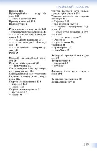 213
ПРЕДМЕТНИЙ ПОКАЖЧИК
Ïîõèëà 128
Ïðîïîðöіéíіñòü âіäðіçêіâ
õîðä 103
– ñі÷íîї і äîòè÷íîї 104
Ïðîåêöіÿ ïîõèëîї 128
Ïðÿìîêóòíèê 21
Ðîçâ’ÿçóâàííÿ òðèêóòíèêіâ 143
– ïðÿìîêóòíèõ òðèêóòíèêіâ 143
– – – çà ãіïîòåíóçîþ і ãîñòðèì
êóòîì 143
– – – çà äâîìà êàòåòàìè 144
– – – çà êàòåòîì і ãіïîòåíó-
çîþ 144
– – – çà êàòåòîì і ãîñòðèì êó-
òîì 144
Ðîìá 26
Ñåðåäíіé ïðîïîðöіéíèé âіäðі-
çîê 96
Ñåðåäíÿ ëіíіÿ òðàïåöії 63
– – òðèêóòíèêà 59
Ñèíóñ ãîñòðîãî êóòà ïðÿìîêóò-
íîãî òðèêóòíèêà 134
Ñïіââіäíîøåííÿ ìіæ ñòîðîíàìè
і êóòàìè ïðÿìîêóòíîãî òðèêóò-
íèêà 135
Ñòîðîíè ìíîãîêóòíèêà 155
– íåñóñіäíі 156
– ñóñіäíі 155
Ñòîðîíè ÷îòèðèêóòíèêà 6
– ïðîòèëåæíі 6
– ñóñіäíі 6
Òàíãåíñ ãîñòðîãî êóòà ïðÿìî-
êóòíîãî òðèêóòíèêà 134
Òåîðåìà, îáåðíåíà äî òåîðåìè
Ïіôàãîðà 121
– Ïіôàãîðà 119
– ïðî âïèñàíèé êóò 46
– – ñåðåäíі ïðîïîðöіéíі âіä-
ðіçêè 96
– – ñóìó êóòіâ îïóêëîãî ï-êóò-
íèêà 156
– – – – ÷îòèðèêóòíèêà 7
– Ôàëåñà 55
– – óçàãàëüíåíà 78
Òðàïåöіÿ 38
– ïðÿìîêóòíà 39
– ðіâíîáі÷íà 39
×åòâåðòèé ïðîïîðöіéíèé âіäðі-
çîê 80
×îòèðèêóòíèê 6
– íåîïóêëèé 7
– îïóêëèé 7
Ôîðìóëà áіñåêòðèñè òðèêóò-
íèêà 104
Öåíòð ìàñ òðèêóòíèêà 60
Öåíòðàëüíèé êóò 45
 