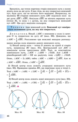46
Розділ 1
Çðîçóìіëî, ùî òî÷êè ïåðåòèíó ñòîðіí âïèñàíîãî êóòà ç êîëîì
äіëÿòü êîëî íà äâі äóãè. Ç íèõ òієþ, íà ÿêó ñïèðàєòüñÿ âïèñàíèé
êóò, áóäå äóãà, ùî íå ìіñòèòü éîãî âåðøèíè. Íàïðèêëàä, íà
ìàëþíêó 80 ñòîðîíè âïèñàíîãî êóòà ÀÂÑ ïîäіëèëè êîëî íà
äâі äóãè: ÀÂÑÀÀ і ÀÌÑÀÀ . Îñêіëüêè ÀÌÑÀÀ íå ìіñòèòü âåðøèíè êóòà
(òî÷êè Â), òî âîíà і є äóãîþ, íà ÿêó ñïèðàєòüñÿ âïèñàíèé
êóò ÀÂÑ. Öþ äóãó âèäіëåíî êîëüîðîì.
Ò å î ð å ì à (ïðî âïèñàíèé êóò). Âïèñàíèé êóò âèìіðþ-
єòüñÿ ïîëîâèíîþ äóãè, íà ÿêó âіí ñïèðàєòüñÿ.
Ä î â å ä å í í ÿ. Íåõàé ABC є âïèñàíèì ó êîëî іç öåíò-
ðîì Î òà ñïèðàєòüñÿ íà äóãó ÀÑ (ìàë. 80). Äîâåäåìî, ùî
ÀÌÑÀÀ . Ðîçãëÿíåìî òðè ìîæëèâі âèïàäêè ðîçòàøó-
âàííÿ öåíòðà êîëà âіäíîñíî äàíîãî âïèñàíîãî êóòà.
1) Íåõàé öåíòð êîëà – òî÷êà Î ëåæèòü íà îäíіé çі ñòîðіí
êóòà, íàïðèêëàä ÂÑ (ìàë. 81). Öåíòðàëüíèé êóò ÀÎÑ є
çîâíіøíіì êóòîì òðèêóòíèêà ÀÎÂ. Òîäі, çà âëàñòèâіñòþ
çîâíіøíüîãî êóòà, AÎÑ  ÀÂÎ + ÎÀÂ. Àëå {AÎB –
ðіâíîáåäðåíèé (AÎ((  ÎÂ ÿê ðàäіóñè), òîìó ÀÂÎ  ÎÀÂ.
Îòæå, AÎÑ  2ÀÂÎ, òîáòî AÂÑ  ÀÂÎ  ÀÎÑÀÀ . Àëå æ
AÎÑ  ÀÌÑ. Îòæå, ÀÎÑ.
2) Íåõàé öåíòð êîëà ëåæèòü óñåðåäèíі âïèñàíîãî êóòà
(ìàë. 82). Ïðîâåäåìî ïðîìіíü ÂÎ, ùî ïåðåòèíàє êîëî â òî÷öі L.
Òîäі ABC  ABL + LBC  ÀL + LC  À L + LC) 
ÀMCÀÀ .
3) Íåõàé öåíòð êîëà ëåæèòü çîâíі âïèñàíîãî êóòà (ìàë. 83).
Òîäі ABC  ABL – CBL  ÀL + LC  À L – LC) 
ÀMCÀÀ . 
Ìàë. 81 Ìàë. 82 Ìàë. 83
 