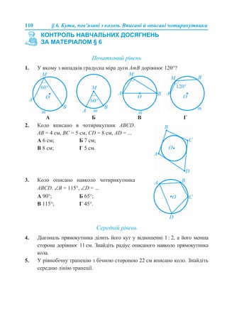 110 § 6. Кути, пов’язані з колом. Вписані й описані чотирикутники
Початковий рівень
1. У якому з випадків градусна міра дуги AmB дорівнює 120°?
Середній рівень
4. Діагональ прямокутника ділить його кут у відношенні 1 : 2, а його менша
сторона дорівнює 11 см. Знайдіть радіус описаного навколо прямокутника
кола.
5. У рівнобічну трапецію з бічною стороною 22 см вписано коло. Знайдіть
середню лінію трапеції.
КОНТРОЛЬ НАВЧАЛЬНИХ ДОСЯГНЕНЬ
ЗА МАТЕРІАЛОМ § 6
А Б В Г
2. Коло вписано в чотирикутник ABCD.
АВ = 4 см, ВС = 5 см, CD = 8 см, AD = ...
А 6 см; Б 7 см;
В 8 см; Г 5 см.
3. Коло описано навколо чотирикутника
АВСD. ∠В = 115°, ∠D = ...
А 90°; Б 65°;
В 115°; Г 45°.
 