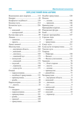 250 Предметний покажчик
ПРЕДМЕТНИЙ ПОКАЖЧИК
Відношення двох відрізків .............114
Квадрат ...............................................49
Коефіцієнт подібності.....................129
Косинус кута ....................................214
Котангенс кута.................................226
Кут
— вписаний......................................89
— центральний ................................88
Кутова міра дуги................................89
Ламана ..................................................6
— замкнена ........................................7
— проста.............................................6
Ланка ламаної ......................................6
Многокутник....................................168
— , внутрішня область..................168
— , вписаний..................................173
— , діагональ..................................169
— , зовнішній кут ..........................172
— неопуклий..................................170
— , описаний..................................173
— опуклий......................................170
— , периметр..................................168
— , сума кутів ................................171
Ознаки
— паралелограма.............................23
— подібності трикутників............131
— прямокутника..............................45
— ромба............................................48
Паралелограм.....................................20
— , висота.........................................22
Площа
— квадрата .....................................182
— паралелограма...........................187
— прямокутника............................181
— ромба..........................................188
— трапеції ......................................189
— трикутника.................................184
Подібні трикутники .....................128
Похила
— , основа...................................146
— , проекція................................146
Прямокутник ..................................44
Пропорційні відрізки...................115
Рівновеликі фігури.......................189
Ромб.................................................47
Середнє пропорційне...................147
Середня лінія
— трапеції.....................................71
— трикутника...............................62
Синус кута ....................................211
Сума кутів чотирикутника............11
Тангенс кута .................................218
Теорема
— Піфагора.................................150
— Фалеса ......................................33
— Фалеса узагальнена...............115
Трапеція ..........................................70
— , бічні сторони .........................70
— , висота .....................................72
— , основи.....................................70
— прямокутна ..............................70
— рівнобічна ................................73
Чотирикутник...................................8
— , внутрішня область ..................8
— вписаний ..................................92
— , діагональ ..................................9
— , кут.............................................9
— неопуклий ................................11
— описаний ..................................95
— опуклий ....................................10
— , периметр ..................................9
 