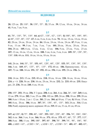 Відповіді та вказівки 251
ВІДПОВІДІ
§ 1
20. 125 см. 25. 110°. 30. 139°, 55°. 32. 35 см. 39. 12 см, 10 см, 24 см, 36 см.
41. 9 см, 7 см, 9 см.
§ 2
61. 70°, 110°, 70°, 110°. 64. а) 62°, 118°, 62°, 118°; б) 100°, 80°, 100°, 80°;
в) 48°, 132°, 48°, 132°. 67. 6 см, 8 см, 6 см, 8 см. 70. 14 см, 18 см, 14 см, 18 см.
82. 20 см, 24 см, 20 см, 24 см. 84. 18 см, 24 см, 18 см, 24 см. 87. 9 см, 11 см,
9 см, 11 см. 99. 5 см, 7 см, 5 см, 7 см. 101. 20 см, 30 см, 20 см, 30 см.
104. 28 см. 105. 6 см, 12 см, 6 см, 12 см. 106. 9 см, 23 см, 9 см, 23 см.
107. 12 см, 16 см, 12 см, 16 см. 108. 5 см, 6 см, 5 см, 6 см. 109. 50°, 130°, 50°,
130°. 110. 44 см. 111. 10 см, 16 см, 10 см, 16 см.
§ 3
141. 26 см. 144. 55°, 35°. 151. 60°, 120°, 60°, 120°. 153. 50°, 130°, 50°, 130°.
166. 3 см. 169. 45°, 135°, 45°, 135°. 172. 60 см. 186. Прямокутник; 42 см.
187. 72 см. 188. 34 см. 191. 30°. 192. 40 см. 194. 4 см. 195. 24 см. 196. 2а.
§ 4
210. 14 см. 213. 15 см. 215. 40 см. 218. 10 см, 16 см. 220. 16 см, 16 см, 10 см.
224. а + b. 228. 56 см. 230. 16 см, 28 см, 36 см. 232. 2а. 233. 60 см. 235. Квад-
рат, 2b. 236. 36 см. 240. 4 см, 16 см.
§ 5
250. 155°. 253. 19 см. 256. У 3 рази. 258. 6 см. 261. 4 см. 266. 36°, 144°. 269. 6 см,
12 см. 279. 10 см. 282. 5 см, 25 см. 290. 102 см. 295. 24 см. 298. 18 см. 299. 28 см.
300. 8 см і 18 см; 2 см і 12 см. 301. 21 см. 304. а) 10 см; 17 см; б) 10 см; 15 см.
305. 8 см, 20 см. 306. 16 см. 307. 30°, 150°, 45°, 135°. 313. 24 см. 314. 12 см.
318. Ромб, периметр якого дорівнює 48 см. 319. 41 см, 31 см, 41 см, 49 см.
§ 6
347. а) 120°; б) 75°. 350. 40°, 140°. 353. 100°, 220°, 40°. 356. 74°, 106°, 106°.
362. 6 см. 364. 3 см, 8 см. 366. 96 см. 371. 40 см. 375. 45°, 60°, 75°. 377. 115°.
380. 8 см. 388. 11 см. 395. 100°. 397. 40°. 398. 70°. 399. 74°, 90°, 106°, 90°.
400. ∠ABD = 63°, ∠CBD = 54°, ∠ADB = 32°, ∠CDB = 31°. 401. 45°. 402. 65°,
 