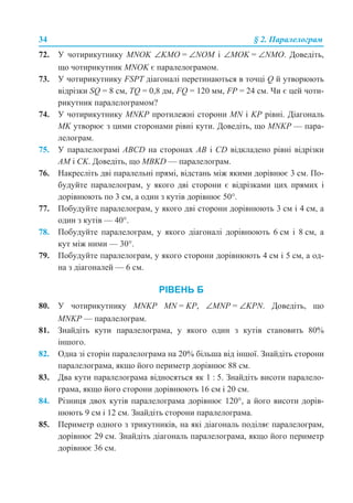 34 § 2. Паралелограм
72. У чотирикутнику MNOK ∠KMO = ∠NOM і ∠MОK = ∠NМО. Доведіть,
що чотирикутник MNOK є паралелограмом.
73. У чотирикутнику FSPT діагоналі перетинаються в точці Q й утворюють
відрізки SQ = 8 см, TQ = 0,8 дм, FQ = 120 мм, FP = 24 см. Чи є цей чоти-
рикутник паралелограмом?
74. У чотирикутнику MNKP протилежні сторони MN і KP рівні. Діагональ
MK утворює з цими сторонами рівні кути. Доведіть, що MNKP — пара-
лелограм.
75. У паралелограмі ABCD на сторонах АВ і CD відкладено рівні відрізки
АМ і CK. Доведіть, що MBKD — паралелограм.
76. Накресліть дві паралельні прямі, відстань між якими дорівнює 3 см. По-
будуйте паралелограм, у якого дві сторони є відрізками цих прямих і
дорівнюють по 3 см, а один з кутів дорівнює 50°.
77. Побудуйте паралелограм, у якого дві сторони дорівнюють 3 см і 4 см, а
один з кутів — 40°.
78. Побудуйте паралелограм, у якого діагоналі дорівнюють 6 см і 8 см, а
кут між ними — 30°.
79. Побудуйте паралелограм, у якого сторони дорівнюють 4 см і 5 см, а од-
на з діагоналей — 6 см.
РІВЕНЬ Б
80. У чотирикутнику MNKP MN = KP, ∠MNP = ∠KPN. Доведіть, що
MNKP — паралелограм.
81. Знайдіть кути паралелограма, у якого один з кутів становить 80%
іншого.
82. Одна зі сторін паралелограма на 20% більша від іншої. Знайдіть сторони
паралелограма, якщо його периметр дорівнює 88 см.
83. Два кути паралелограма відносяться як 1 : 5. Знайдіть висоти паралело-
грама, якщо його сторони дорівнюють 16 см і 20 см.
84. Різниця двох кутів паралелограма дорівнює 120°, а його висоти дорів-
нюють 9 см і 12 см. Знайдіть сторони паралелограма.
85. Периметр одного з трикутників, на які діагональ поділяє паралелограм,
дорівнює 29 см. Знайдіть діагональ паралелограма, якщо його периметр
дорівнює 36 см.
 