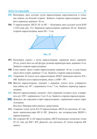 Задачі до параграфа 37
105. Бісектриси двох сусідніх кутів паралелограма перетинаються в точці,
яка лежить на більшій стороні. Знайдіть сторони паралелограма, якщо
його периметр дорівнює 36 см.
106. У паралелограмі АВСD АЕ та DK — бісектриси двох сусідніх кутів BAD
і CDA (див. рис. 31). Периметр паралелограма дорівнює 64 см. Знайдіть
сторони паралелограма, якщо EK = 5 см.
Рис. 31
107. Бісектриса одного з кутів паралелограма, периметр якого дорівнює
56 см, ділить його на дві фігури, різниця периметрів яких дорівнює 8 см.
Знайдіть сторони паралелограма.
108. Сума деяких трьох сторін паралелограма дорівнює 16 см, а сума інших
трьох його сторін дорівнює 17 см. Знайдіть сторони паралелограма.
109. З вершини М тупого кута паралелограма MNKP проведено висоти МА і
МВ. Знайдіть кути паралелограма, якщо ∠AМB = 50°.
110. Висоти паралелограма, опущені з вершини тупого кута, утворюють
між собою кут 30° і дорівнюють 4 см і 7 см. Знайдіть периметр парале-
лограма.
111. Висоти паралелограма, опущені з його вершини гострого кута, утворю-
ють кут 150° і дорівнюють 5 см і 8 см. Знайдіть сторони паралелограма.
Доведіть, що середини сторін паралелограма є вершинами нового пара-
лелограма.
Вказівка. Використайте рівність трикутників.
113. З вершин тупих кутів B й D паралелограма ABCD на діагональ AC опу-
щено перпендикуляри BO й DK. Доведіть, що чотирикутник BKDO є
паралелограмом.
114. На сторонах BC й AD паралелограма ABCD відповідно позначено точки
M і K, такі, що BM = KD. Доведіть, що діагональ AC ділить відрізок MK
навпіл.
 