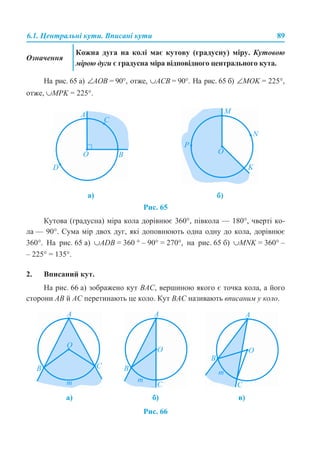 6.1. Центральні кути. Вписані кути 89
На рис. 65 а) ∠AOB = 90°, отже, ∪ACB = 90°. На рис. 65 б) ∠MOK = 225°,
отже, ∪MPK = 225°.
Рис. 65
Кутова (градусна) міра кола дорівнює 360°, півкола — 180°, чверті ко-
ла — 90°. Сума мір двох дуг, які доповнюють одна одну до кола, дорівнює
360°. На рис. 65 а) ∪ADB = 360 ° – 90° = 270°, на рис. 65 б) ∪MNK = 360° –
– 225° = 135°.
2. Вписаний кут.
На рис. 66 а) зображено кут BAC, вершиною якого є точка кола, а його
сторони AB й AC перетинають це коло. Кут BAC називають вписаним у коло.
Рис. 66
Означення
Кожна дуга на колі має кутову (градусну) міру. Кутовою
мірою дуги є градусна міра відповідного центрального кута.
а) б)
а) б) в)
 