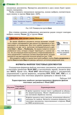 Ãëàâà 3
1261261261261261261261261261261261261261261261261261261261261261261261261261261261261261266
óêàçàííûõ äîêóìåíòîâ. Ïðîêðóòêà äîêóìåíòîâ â äâóõ îêíàõ áóäåò ïðîèñ-
õîäèòü ñèíõðîííî.
×òîáû îòìåíèòü ñèíõðîííóþ ïðîêðóòêó, íóæíî âûáðàòü ñîîòâåòñòâóþ-
ùóþ êíîïêó â ãðóïïå Îêíî (ðèñ. 3.67).
Äëÿ îòìåíû ðåæèìà îòîáðàæåíèÿ äîêóìåíòîâ ðÿäîì ñëåäóåò ïîâòîðíî
âûáðàòü êíîïêó Ðÿäîì â ãðóïïå Îêíî.
Во время обработки документа иногда возникает потреб-
ность видеть одновременно два разных его фрагмента и про-
сматривать их независимо. Для этого удобно разделить окно
документа на две части, выполнив последовательность дей-
ствий Вид  Окно  Разделить. На экране появится полоса
разделения окна, которую следует перетащить в нужное ме-
сто. Эту же операцию можно выполнить и перетаскиванием по-
лосы разделения с помощью соответствующей метки, которая
находится над вертикальной полосой прокрутки (рис. 3.68).д д р р ру (р )
Для возврата к работе в одном окне нужно выбрать кнопку Снять разделение в
группе Окно вкладки Вид или дважды щелкнуть на полосе разделения окна.
ФОРМАТЫ ФАЙЛОВ ТЕКСТОВЫХ ДОКУМЕНТОВ
Ñòàíäàðòíûì ôîðìàòîì ôàéëîâ òåêñòîâûõ äîêóìåíòîâ, ïîäãîòîâëåííûõ
â òåêñòîâîì ïðîöåññîðå Word 2007 è ïîñëåäóþùèõ âåðñèé, ÿâëÿåòñÿ ôîð-
ìàò DOCÕ. Êðîìå òîãî, Word 2007 îáåñïå÷èâàåò ðàáîòó ñ äîêóìåíòàìè,
ñîõðàíåííûìè â äðóãèõ ôîðìàòàõ, íàïðèìåð RTF, TXT, DOC, PDF è ò. ï.
Õàðàêòåðèñòèêà ýòèõ òåêñòîâûõ ôîðìàòîâ ïðèâåäåíà â òàáëèöå 3.13.
Òàáëèöà 3.13
Õàðàêòåðèñòèêà íàèáîëåå ðàñïðîñòðàíåííûõ ôîðìàòîâ ôàéëîâ
òåêñòîâûõ äîêóìåíòîâ â Word 2007
Ïðîäîëæåíèå òàáëèöû 3.13
Ôîðìàò
Ñòàíäàðò-
íûé çíà÷îê
Õàðàêòåðèñòèêà
ÒÕÒ
Â ôàéëå õðàíèòñÿ òîëüêî òåêñò ñ ðàçáèâêîé íà àáçàöû,
áåç ôîðìàòèðîâàíèÿ. Ìîæåò îáðàáàòûâàòüñÿ ðàçëè÷íû-
ìè ñèñòåìàìè îáðàáîòêè òåêñòîâ.
DOC
Â ôàéëå õðàíÿòñÿ òåêñò, ðèñóíêè, âñòàâëåííûå îáúåêòû,
çíà÷åíèÿ èõ ñâîéñòâ. ßâëÿåòñÿ îñíîâíûì ôîðìàòîì äëÿ
òåêñòîâûõ äîêóìåíòîâ, ïîäãîòîâëåííûõ â âåðñèÿõ Word
äî 2003 âêëþ÷èòåëüíî.
Рис. 3.67. Развернутая группа Окно
Для тех, кто хочет знать больше
Ìåòêà
Рис. 3.68. Метка
полосы разделе-
ния окна
 