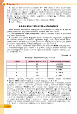 Ãëàâà 1
18181818181818181818181818181818
Èç âîñüìè áèòîâ ìîæíî ñîñòàâèòü 28
 256 êîäîâ, è ýòîãî êîëè÷åñòâà
êîäîâ äîñòàòî÷íî, ÷òîáû çàêîäèðîâàòü âñå áóêâû àíãëèéñêîãî è ðóññêîãî
(èëè êàêîãî-ëèáî äðóãîãî) àëôàâèòà, àðàáñêèå öèôðû, çíàêè ïðåïèíàíèÿ,
çíàêè àðèôìåòè÷åñêèõ äåéñòâèé, à òàêæå íåêîòîðûå äðóãèå ñèìâîëû.
Èìåííî òàêîå êîëè÷åñòâî êîäîâ ñîäåðæèòñÿ, íàïðèìåð, â òàáëèöå êîäîâ
ñèìâîëîâ Windows-1251.
Ïîñëåäîâàòåëüíîñòü èç âîñüìè áèòîâ íàçûâàþò áàéò.
1 áàéò  8 áèò.
ДЛИНА ДВОИЧНОГО КОДА СООБЩЕНИЙ
Åñëè ñèìâîë ñîîáùåíèÿ êîäèðóåòñÿ ïîñëåäîâàòåëüíîñòüþ èç 8 áèò, òî
äëèíà äâîè÷íîãî êîäà ýòîãî ñèìâîëà ðàâíà 8 áèò, èëè 1 áàéò.
Äëèíà äâîè÷íîãî êîäà ñîîáùåíèÿ – ýòî êîëè÷åñòâî áàéòîâ â äâîè÷íîì
êîäå ýòîãî ñîîáùåíèÿ.
Íàïðèìåð, ñîîáùåíèå Èíôîðìàòèêà – èíòåðåñíûé ïðåäìåò! ñîäåðæèò
33 ñèìâîëà (âêëþ÷àÿ ñèìâîëû ïðîáåëîâ, òèðå, âîñêëèöàòåëüíûé çíàê).
Åñëè êàæäûé ñèìâîë êîäèðîâàòü äâîè÷íûì êîäîì äëèíîé 1 áàéò, òî äëèíà
äâîè÷íîãî êîäà òàêîãî ñîîáùåíèÿ áóäåò ðàâíà 33 áàéòàì.
Êàê âû çíàåòå, â òàáëèöå êîäîâ ñèìâîëîâ Windows-1251 êàæäîìó ñèì-
âîëó ñîîòâåòñòâóåò öåëîå ÷èñëî îò 0 äî 255. Êàæäîå èç ýòèõ ÷èñåë ìîæåò
áûòü çàêîäèðîâàíî îäíèì áàéòîì. Ïðèìåðû òàêîãî êîäèðîâàíèÿ ïðèâåäå-
íû â òàáëèöå 1.4.
Òàáëèöà 1.4
Ïðèìåðû äâîè÷íîãî êîäèðîâàíèÿ
Ñèìâîë ×èñëîâîé êîä ñèìâîëà Ñîîòâåòñòâóþùèé áàéò
! 33 00100001
@ 64 01000000
W 103 01100111
þ 254 11111110
ÿ 255 11111111
Òàêèì îáðàçîì, êàæäîìó ñèìâîëó â òàáëèöå êîäîâ ñèìâîëîâ
Windows-1251 ñîîòâåòñòâóåò äâîè÷íûé êîä äëèíîé 1 áàéò.
×òîáû âûïîëíèòü äâîè÷íîå êîäèðîâàíèå òåêñòîâîãî ñîîáùåíèÿ, ìîæíî
êàæäûé åãî ñèìâîë çàìåíèòü äâîè÷íûì êîäîì, êîòîðûé ñîîòâåòñòâóåò
÷èñëó èç òàáëèöû Windows-1251. Èìåííî òàê êîäèðóþòñÿ òåêñòîâûå äî-
êóìåíòû, ñîçäàííûå â òåêñòîâîì ðåäàêòîðå Áëîêíîò, ïðè èõ ñîõðàíåíèè
íà íîñèòåëå äàííûõ, åñëè ïðè ñîõðàíåíèè èñïîëüçóåòñÿ êîäèðîâêà ANSI
(àíãë. American NationalNN Standards InstituteII – Àìåðèêàíñêèé íàöèîíàëü-
íûé èíñòèòóò ñòàíäàðòîâ). Äëèíà äâîè÷íîãî êîäà ñîîáùåíèÿ, ñîäåðæàùå-
ãîñÿ â òàêîì äîêóìåíòå, áóäåò ðàâíÿòüñÿ â áàéòàõ êîëè÷åñòâó ñèìâîëîâ â
òåêñòîâîì äîêóìåíòå. Ñëåäóåò ó÷åñòü, ÷òî êàæäîå íàæàòèå êëàâèøè Enter
êîäèðóåòñÿ äâóìÿ ñïåöèàëüíûìè ñèìâîëàìè – ñèìâîëîì ïåðåõîäà íà íî-
âóþ ñòðîêó è ñèìâîëîì âîçâðàùåíèÿ â íà÷àëî ñòðîêè.
 