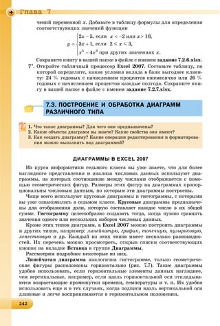 242242242242242242242242242242242242242242242242242242242242242242242242242242242242242242242242242242242242242242242242242242242
Ãëàâà 7
÷åíèé ïåðåìåííîé õ. Äîáàâüòå â òàáëèöó ôîðìóëû äëÿ îïðåäåëåíèÿ
ñîîòâåòñòâóþùèõ çíà÷åíèé ôóíêöèè
.
Ñîõðàíèòå êíèãó â âàøåé ïàïêå â ôàéëå ñ èìåíåì çàäàíèå 7.2.6.xlsx.
7. Îòêðîéòå òàáëè÷íûé ïðîöåññîð Excel 2007. Ñîñòàâüòå òàáëèöó, ïî
êîòîðîé îïðåäåëèòå, êàêèå óñëîâèÿ âêëàäà â áàíê âûãîäíåå êëèåí-
òó: 24 % ãîäîâûõ ñ íà÷èñëåíèåì ïðîöåíòîâ åæåìåñÿ÷íî èëè 26 %
ãîäîâûõ ñ íà÷èñëåíèåì ïðîöåíòîâ êàæäûå ïîëãîäà. Ñîõðàíèòå êíè-
ãó â âàøåé ïàïêå â ôàéëå ñ èìåíåì çàäàíèå 7.2.7.xlsx.
7.3. ПОСТРОЕНИЕ И ОБРАБОТКА ДИАГРАММ7.3. ПОСТРОЕНИЕ И ОБРАБОТКА ДИАГРАММ
РАЗЛИЧНОГО ТИПАРАЗЛИЧНОГО ТИПА
1. ×òî òàêîå äèàãðàììû? Äëÿ ÷åãî îíè ïðåäíàçíà÷åíû?
2. Êàêèå îáúåêòû äèàãðàìì âû çíàåòå? Êàêèå ñâîéñòâà îíè èìåþò?
3. Êàê ñîçäàòü äèàãðàììó? Êàêèå îïåðàöèè ðåäàêòèðîâàíèÿ è ôîðìàòèðîâà-
íèÿ ìîæíî âûïîëíÿòü íàä äèàãðàììîé?
ДИАГРАММЫ В EXCEL 2007
Èç êóðñà èíôîðìàòèêè ñåäüìîãî êëàññà âû óæå çíàåòå, ÷òî äëÿ áîëåå
íàãëÿäíîãî ïðåäñòàâëåíèÿ è àíàëèçà ÷èñëîâûõ äàííûõ èñïîëüçóþò äèà-
ãðàììû, íà êîòîðûõ ñîîòíîøåíèå ìåæäó ÷èñëàìè îòîáðàæàåòñÿ ñ ïîìî-
ùüþ ãåîìåòðè÷åñêèõ ôèãóð. Ðàçìåðû ýòèõ ôèãóð íà äèàãðàììàõ ïðîïîð-
öèîíàëüíû ÷èñëîâûì äàííûì, ïî êîòîðûì ýòè äèàãðàììû ïîñòðîåíû.
×àùå âñåãî èñïîëüçóþò êðóãîâûå äèàãðàììû è ãèñòîãðàììû, ñ êîòîðûìè
âû óæå îçíàêîìèëèñü â ñåäüìîì êëàññå. Êðóãîâûå äèàãðàììû ïðåäíàçíà÷å-
íû äëÿ îòîáðàæåíèÿ äîëè, êîòîðóþ ñîñòàâëÿåò êàæäîå ÷èñëî â èõ îáùåé
ñóììå. Ãèñòîãðàììó öåëåñîîáðàçíî ñîçäàâàòü òîãäà, êîãäà íóæíî ñðàâíèòüó
çíà÷åíèÿ îäíîãî èëè íåñêîëüêèõ íàáîðîâ ÷èñëîâûõ äàííûõ.
Êðîìå ýòèõ òèïîâ äèàãðàìì, â Excel 2007 ìîæíî ïîñòðîèòü äèàãðàììû
è äðóãèõ òèïîâ, íàïðèìåð: ëèíåé÷àòóþ, ãðàôèê, òî÷å÷íóþ, ïóçûðüêîâóþ,
ëåïåñòêîâóþ è äð. Êàæäûé èç ýòèõ òèïîâ èìååò íåñêîëüêî ðàçíîâèäíî-
ñòåé. Èõ ïåðå÷åíü ìîæíî ïðîñìîòðåòü, îòêðûâ ñïèñêè ñîîòâåòñòâóþùèõ
êíîïîê íà âêëàäêå Âñòàâêà â ãðóïïå Äèàãðàììû.
Ðàññìîòðèì ïîäðîáíåå íåêîòîðûå èç íèõ.
Ëèíåé÷àòàÿ äèàãðàììà àíàëîãè÷íà ãèñòîãðàììå, òîëüêî ãåîìåòðè÷å-
ñêèå ôèãóðû ðàñïîëîæåíû ãîðèçîíòàëüíî (ðèñ. 7.7). Òàêèå äèàãðàììû
óäîáíî èñïîëüçîâàòü, åñëè ãîðèçîíòàëüíûå ýëåìåíòû äàííûõ íàãëÿäíåå,
÷åì âåðòèêàëüíûå, íàïðèìåð, åñëè âäîëü ãîðèçîíòàëüíîé îñè îòêëàäûâà-
þòñÿ âîçðàñòàþùèå ïðîìåæóòêè âðåìåíè, òåìïåðàòóðû è ò. ï. Èõ óäîáíî
èñïîëüçîâàòü åùå è â òåõ ñëó÷àÿõ, êîãäà ïîäïèñè âäîëü âåðòèêàëüíîé îñè
äëèííûå è ëåã÷å âîñïðèíèìàþòñÿ â ãîðèçîíòàëüíîì ïîëîæåíèè.
 