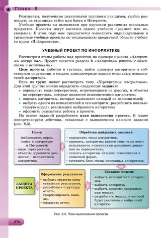 2 4274274274274274274274274274274274274274274274274274274274274274274274274274274274274274274274274274274274274274274
Ãëàâà 8
Ðåçóëüòàòû, ïîëó÷åííûå ðàçëè÷íûìè ãðóïïàìè ó÷àùèõñÿ, óäîáíî ðàç-
ìåùàòü íà ñòðàíèöàõ ñàéòà èëè áëîãà â Èíòåðíåòå.
Ó÷åáíûå ïðîåêòû âû âûïîëíÿëè ïðè èçó÷åíèè ðàçëè÷íûõ øêîëüíûõ
ïðåäìåòîâ. Ïðîåêòû ìîãóò êàñàòüñÿ îäíîãî ó÷åáíîãî ïðåäìåòà èëè íå-
ñêîëüêèõ. Â ýòîì ãîäó âàì ïðåäëàãàåòñÿ âûïîëíèòü èíäèâèäóàëüíûå è
ãðóïïîâûå ó÷åáíûå ïðîåêòû ïî èññëåäîâàíèþ ïðåäìåòíîé îáëàñòè ó÷åáíî-
ãî êóðñà «Èíôîðìàòèêà».
УЧЕБНЫЙ ПРОЕКТ ПО ИНФОРМАТИКЕ
Ðàññìîòðèì ýòàïû ðàáîòû íàä ïðîåêòîì íà ïðèìåðå ïðîåêòà «Àëãîðèò-
ìû âîêðóã íàñ». Ïðîåêò êàñàåòñÿ ðàçäåëà 6 «Àëãîðèòìû ðàáîòû ñ îáúåê-
òàìè è âåëè÷èíàìè».
Öåëü ïðîåêòà: ðàáîòàÿ â ãðóïïàõ, íàéòè ïðèìåðû àëãîðèòìîâ â ñîá-
ñòâåííîì îêðóæåíèè è ñîçäàòü êîìïüþòåðíûå ìîäåëè îòäåëüíûõ èñïîëíè-
òåëåé àëãîðèòìîâ.
Îäíà èç ãðóïï ìîæåò ðàññìîòðåòü òåìó «Ïåðåêðåñòîê àëãîðèòìîâ».
Äëÿ ýòîé ãðóïïû ìîæíî îïðåäåëèòü ñëåäóþùèå çàäàíèÿ:
 îïðåäåëèòü âèäû ïåðåêðåñòêîâ, âñòðå÷àþùèõñÿ íà äîðîãàõ, è îáúåêòû
íà ïåðåêðåñòêàõ, êîòîðûå ÿâëÿþòñÿ èñïîëíèòåëÿìè àëãîðèòìîâ;
 îïèñàòü àëãîðèòìû, êîòîðûå âûïîëíÿåò êàæäûé èç èñïîëíèòåëåé;
 âûáðàòü îäíîãî èç èñïîëíèòåëåé è åãî àëãîðèòì, ðàçðàáîòàòü êîìïüþ-
òåðíóþ ìîäåëü ðåàëèçàöèè âûáðàííîãî àëãîðèòìà;
 îôîðìèòü ðåçóëüòàòû ðàáîòû â ïðîåêòå.
Íà îñíîâå çàäàíèé ðàçðàáîòàåì ïëàí âûïîëíåíèÿ ïðîåêòà. Â ïëàíå
êîíêðåòèçèðóåì äåéñòâèÿ, ñâÿçàííûå ñ âûïîëíåíèåì êàæäîãî çàäàíèÿ
(ðèñ. 8.5).
Ïîèñê
(íàáëþäåíèå, îïðîñ,
ïîèñê â ëèòåðàòóðå
è Èíòåðíåòå):
– âèäû ïåðåêðåñòêîâ,
– îáúåêòû äîðîæíîãî äâè-
æåíèÿ – èñïîëíèòåëè
àëãîðèòìîâ.
Îáðàáîòêà íàéäåííûõ ñâåäåíèé:
– îïðåäåëèòü òèïû àëãîðèòìîâ,
– ñðàâíèòü, àëãîðèòìû êàêîãî òèïà ÷àùå âñåãî
èñïîëíÿþòñÿ ó÷àñòíèêàìè äîðîæíîãî äâèæå-
íèÿ íà ïåðåêðåñòêàõ,
– îïèñàòü àëãîðèòìû êàæäîãî èñïîëíèòåëÿ â
ñëîâåñíîé ôîðìå,
– ñîñòàâèòü áëîê-ñõåìû îïèñàííûõ àëãîðèòìîâ.
Îôîðìëåíèå ðåçóëüòàòîâ:
– âûáðàòü ñðåäñòâà ïðåä-
ñòàâëåíèÿ ðåçóëüòàòîâ,
– ðàçðàáîòàòü ñòðóêòóðó
îò÷åòà,
– ñôîðìóëèðîâàòü âûâî-
äû,
– îôîðìèòü îò÷åò.
Ñîçäàíèå ìîäåëè:
– âûáðàòü èñïîëíèòåëÿ àëãîðèò-
ìîâ,
– âûáðàòü àëãîðèòì,
– âûáðàòü ñðåäñòâî ïðåäñòàâëå-
íèÿ ìîäåëè,
– ðàçðàáîòàòü ìîäåëü, â êîòîðîé
áóäåò ðåàëèçîâàí âûáðàííûé
àëãîðèòì.
ÇÀÙÈÒÀ
ÏÐÎÅÊÒÀ
Рис. 8.5. План выполнения проекта
 