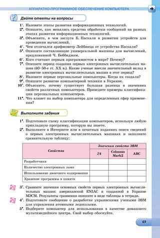 АППАРАТНО-ПРОГРАММНОЕ ОБЕСПЕЧЕНИЕ КОМПЬЮТЕРА
Дайте ответы на вопросы
1. Íàçîâèòå ýòàïû ðàçâèòèÿ èíôîðìàöèîííûõ òåõíîëîãèé.
2. Îïèøèòå, êàê ìåíÿëèñü ñðåäñòâà îáðàáîòêè ñîîáùåíèé íà ðàçíûõ
ýòàïàõ ðàçâèòèÿ èíôîðìàöèîííûõ òåõíîëîãèé.
3. Îáúÿñíèòå, â ÷åì çàñëóãà Á. Ïàñêàëÿ â ðàçâèòèè óñòðîéñòâ äëÿ
ïðîâåäåíèÿ âû÷èñëåíèé.
4. ×åì îòëè÷àëñÿ àðèôìîìåòð Ëåéáíèöà îò óñòðîéñòâà Ïàñêàëÿ?
5. Îïèøèòå ñîñòàâëÿþùèå óíèâåðñàëüíîé ìàøèíû äëÿ âû÷èñëåíèé,
ïðåäëîæåííîé ×. Áåááèäæåì.
6. Êîãî ñ÷èòàþò ïåðâûì ïðîãðàììèñòîì â ìèðå? Ïî÷åìó?
7. Îïèøèòå ïåðèîä ñîçäàíèÿ ïåðâûõ ýëåêòðîííûõ âû÷èñëèòåëüíûõ ìà-
øèí (40–50-å ãã. ÕÕ â.). Êàêèå ó÷åíûå âíåñëè çíà÷èòåëüíûé âêëàä â
ðàçâèòèå ýëåêòðîííûõ âû÷èñëèòåëüíûõ ìàøèí â ýòîò ïåðèîä?
8. Íàçîâèòå ïåðâûå ïåðñîíàëüíûå êîìïüþòåðû. Êîãäà èõ ñîçäàëè?
9. Îïèøèòå ðàçâèòèå êîìïüþòåðíîé òåõíèêè â Óêðàèíå.
10. Îáúÿñíèòå, ïî÷åìó ñóùåñòâóåò áîëüøàÿ ðàçíèöà â çíà÷åíèÿõ
ñâîéñòâ ðàçëè÷íûõ êîìïüþòåðîâ. Ïðèâåäèòå ïðèìåðû êëàññèôèêà-
öèè ïåðñîíàëüíûõ êîìïüþòåðîâ.
11. ×òî âëèÿåò íà âûáîð êîìïüþòåðà äëÿ îïðåäåëåííûõ ñôåð ïðèìåíå-
íèÿ?
Выполните задания
1. Ïîäãîòîâüòå ñõåìó êëàññèôèêàöèè êîìïüþòåðîâ, èñïîëüçóÿ ëþáóþ
ïðèêëàäíóþ ïðîãðàììó, êîòîðóþ âû çíàåòå.
2. Âûïîëíèòå â Èíòåðíåòå èëè â ïå÷àòíûõ èçäàíèÿõ ïîèñê ñâåäåíèé
î ïåðâûõ ýëåêòðîííûõ âû÷èñëèòåëüíûõ ìàøèíàõ è çàïîëíèòå
ñðàâíèòåëüíóþ òàáëèöó:
Ñâîéñòâà
Çíà÷åíèÿ ñâîéñòâ ÝÂÌ
Z4
Colossus
Mark2
ABC
Ðàçðàáîò÷èêè
Êîëè÷åñòâî ýëåêòðîííûõ ëàìï
Èñïîëüçîâàíèå äâîè÷íîãî êîäèðîâàíèÿ
Õðàíåíèå ïðîãðàììû â ïàìÿòè
3. Ñðàâíèòå çíà÷åíèÿ îñíîâíûõ ñâîéñòâ ïåðâûõ ýëåêòðîííûõ âû÷èñëè-
òåëüíûõ ìàøèí: àìåðèêàíñêîé ENIAC è ñîçäàííîé â Óêðàèíå
ÌÝÑÌ. Ðåçóëüòàòû ñðàâíåíèÿ îïèøèòå â âèäå òàáëèöû â òåòðàäè.
4. Ïîäãîòîâüòå ñîîáùåíèå î ðàçðàáîòêå óêðàèíñêèìè ó÷åíûìè ÝÂÌ
äëÿ óïðàâëåíèÿ àòîìíûìè ëåäîêîëàìè.
5. Ïîäáåðèòå êîìïüþòåð äëÿ èñïîëüçîâàíèÿ â êà÷åñòâå äîìàøíåãî
ìóëüòèìåäèéíîãî öåíòðà. Ñâîé âûáîð îáîñíóéòå.
 