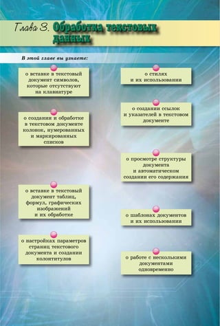Ãëàâà 3
770000070770000070777700000707777000000077700000007707700000777007777770000000777700000077770000007770000077700000777000000777000000077700000007707707000000077077707770007000770770777770007707777000770777707007077707077707707770777707770777707770777707070777707007707707000770770700070770700770707000770707070070700
ÃÃÃÃÃÃÃÃ 33333333333333333333ÃÃÃÃÃÃÃÃÃÃÃëëëëëëëëëëëààààààààààààâââââââââââââââàààààààààààààà 333333333333333333333
Â ýòîé ãëàâå âû óçíàåòå:
î íàñòðîéêàõ ïàðàìåòðîâ
ñòðàíèö òåêñòîâîãî
äîêóìåíòà è ñîçäàíèè
êîëîíòèòóëîâ
î âñòàâêå â òåêñòîâûé
äîêóìåíò òàáëèö,
ôîðìóë, ãðàôè÷åñêèõ
èçîáðàæåíèé
è èõ îáðàáîòêå
î âñòàâêå â òåêñòîâûé
äîêóìåíò ñèìâîëîâ,
êîòîðûå îòñóòñòâóþò
íà êëàâèàòóðå
î ñòèëÿõ
è èõ èñïîëüçîâàíèè
î øàáëîíàõ äîêóìåíòîâ
è èõ èñïîëüçîâàíèè
î ïðîñìîòðå ñòðóêòóðû
äîêóìåíòà
è àâòîìàòè÷åñêîì
ñîçäàíèè åãî ñîäåðæàíèÿ
î ñîçäàíèè è îáðàáîòêå
â òåêñòîâîì äîêóìåíòå
êîëîíîê, íóìåðîâàííûõ
è ìàðêèðîâàííûõ
ñïèñêîâ
î ñîçäàíèè ññûëîê
è óêàçàòåëåé â òåêñòîâîì
äîêóìåíòå
î ðàáîòå ñ íåñêîëüêèìè
äîêóìåíòàìè
îäíîâðåìåííî
 