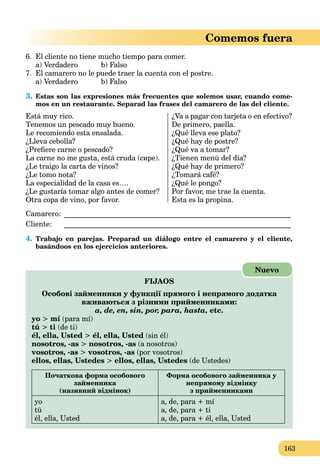 163
Comemos fuera
6. El cliente no tiene mucho tiempo para comer.
a) Verdadero b) Falso
7. El camarero no le puede traer la cuenta con el postre.
a) Verdadero b) Falso
3. Estas son las expresiones más frecuentes que solemos usar, cuando come-
mos en un restaurante. Separad las frases del camarero de las del cliente.
Está muy rico.
Tenemos un pescado muy bueno.
Le recomiendo esta ensalada.
¿Lleva cebolla?
¿Preﬁere carne o pescado?
La carne no me gusta, está cruda (сире).
¿Le traigo la carta de vinos?
¿Le tomo nota?
La especialidad de la casa es….
¿Le gustaría tomar algo antes de comer?
Otra copa de vino, por favor.
¿Va a pagar con tarjeta o en efectivo?
De primero, paella.
¿Qué lleva ese plato?
¿Qué hay de postre?
¿Qué va a tomar?
¿Tienen menú del día?
¿Qué hay de primero?
¿Tomará café?
¿Qué le pongo?
Por favor, me trae la cuenta.
Esta es la propina.
Camarero: ______________________________________________________________
Cliente: ______________________________________________________________
4. Trabajo en parejas. Preparad un diálogo entre el camarero y el cliente,
basándoos en los ejercicios anteriores.
FIJAOS
Особові займенники у функції прямого і непрямого додатка
вживаються з різними прийменниками:
a, de, en, sin, por, para, hasta, etc.
yo > mí (para mí)
tú > ti (de ti)
él, ella, Usted > él, ella, Usted (sin él)
nosotros, -as > nosotros, -as (a nosotros)
vosotros, -as > vosotros, -as (por vosotros)
ellos, ellas, Ustedes > ellos, ellas, Ustedes (de Ustedes)
Початкова форма особового
займенника
(називний відмінок)
Форма особового займенника у
непрямому відмінку
з прийменниками
yo
tú
él, ella, Usted
a, de, para + mí
a, de, para + ti
a, de, para + él, ella, Usted
Nuevo
 