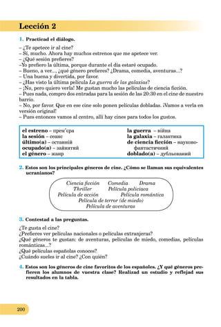200
Lección 2
1. Practicad el diálogo.
– ¿Te apetece ir al cine?
– Sí, mucho. Ahora hay muchos estrenos que me apetece ver.
– ¿Qué sesión preﬁeres?
–Yo preﬁero la última, porque durante el día estaré ocupado.
– Bueno, a ver..., ¿qué género preﬁeres? ¿Drama, comedia, aventuras...?
– Una buena y divertida, por favor.
– ¿Has visto la última película La guerra de las galaxias?
– ¡No, pero quiero verla! Me gustan mucho las películas de ciencia ﬁcción.
– Pues nada, compro dos entradas para la sesión de las 20:30 en el cine de nuestro
barrio.
– No, por favor. Que en ese cine solo ponen películas dobladas. ¡Vamos a verla en
versión original!
– Pues entonces vamos al centro, allí hay cines para todos los gustos.
el estreno – прем’єра
la sesión – сеанс
último(a) – останній
ocupado(a) – зайнятий
el género – жанр
la guerra – війнаa
la galaxia – галактикаa
de ciencia ﬁcción – науково-
фантастичний
doblado(a) – дубльований
2. Estos son los principales géneros de cine. ¿Cómo se llaman sus equivalentes
ucranianos?
Ciencia ﬁcción Comedia Drama
Thriller Película policiaca
Película de acción Película romántica
Película de terror (de miedo)
Película de aventuras
3. Contestad a las preguntas.
¿Te gusta el cine?
¿Preﬁeres ver películas nacionales o películas extranjeras?
¿Qué géneros te gustan: de aventuras, películas de miedo, comedias, películas
románticas...?
¿Qué películas españolas conoces?
¿Cuándo sueles ir al cine? ¿Con quién?
4. Estos son los géneros de cine favoritos de los españoles. ¿Y qué géneros pre-
fieren los alumnos de vuestra clase? Realizad un estudio y reflejad sus
resultados en la tabla.
 
