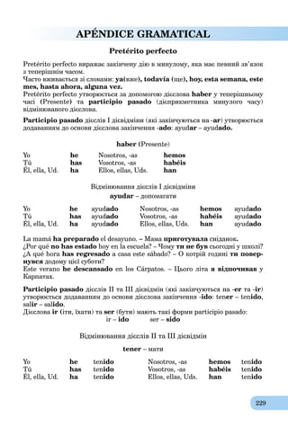229
APÉNDICE GRAMATICAL
Pretérito perfecto
Pretérito perfecto виражає закінчену дію в минулому, яка має певний зв’язок
з теперішнім часом.
Часто вживається зі словами: ya(вже), todavía (ще), hoy, esta semana, este
mes, hasta ahora, alguna vez.
Pretérito perfecto утворюється за допомогою дієслова haber у теперішньому
часі (Presente) та participio pasado (дієприкметника минулого часу)
відмінюваного дієслова.
Participio pasado дієслів І дієвідміни (які закінчуються на -ar) утворюється
додаванням до основи дієслова закінчення -ado: ayudar – ayudado.
haber (Presente)
Yo he Nosotros, -as hemos
Tú has Vosotros, -as habéis
Él, ella, Ud. ha Ellos, ellas, Uds.a han
Відмінювання дієслів І дієвідміни
ayudar – допомагати
Yo he ayudado Nosotros, -as hemos ayudado
Tú has ayudado Vosotros, -as habéis ayudado
Él, ella, Ud. ha ayuda ado Ellos, ellas, Uds. han ayudado
La mamá ha preparado el desayuno. – Мама приготувала сніданока .
¿Por qué no has estado hoy en la escuela? – Чому ти не був сьогодні у школі?
¿A qué hora has regresado a casa este sábado? – О котрій годині ти повер-
нувся додому цієї суботи?
Este verano he descansado en los Cárpatos. – Цього літа я відпочивав у
Карпатах.
Participio pasado дієслів ІІ та ІІІ дієвідмін (які закінчуються на -еr та -ir)
утворюється додаванням до основи дієслова закінчення -ido: tener – tenido,
salir – salido.
Дієслова ir (іти, їхати) та ser (бути) мають такі форми participio pasado:
ir – ido ser – sido
Відмінювання дієслів ІІ та ІІІ дієвідмін
tener – мати
Yo he tenido Nosotros, -as hemos tenido
Tú has tenido Vosotros, -as habéis tenido
Él, ella, Ud. ha tenido Ellos, ellas, Uds. han tenido
 