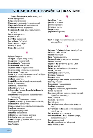 248
VOCABULARIO ESPAÑOL-UCRANIANO
hacer la compra робити покупкуa
harina f борошноf
helado m морозиво
hispano іспанський, іспаномовний
hispanohablante іспаномовний
honesto чесний, порядний
honor: en honor a на честьa (когось,
чогось)
horario m розклад
horno m піч
horrible жахливий
hortalizas f pl овочі
huerto m сад; город
huevo m яйце
húmedo вологий
Ii
iglesia f церква
imagen f образ; кадрf (кіно)
imaginar уявляти (собі)
importancia f значенняf
importante важливий
impresionante вражаючий
impresionar вражати, хвилювати
impresora f принтер
incas m pl інки (індіанське плем’я у Перу)
incluir включати (в себе)
incluso включно
increíble неймовірний, дивовижний
indio m індіанець
infancia fa дитинствоf
infantil дитячий
inﬂuencia f вплив; bajo la inﬂuencia
під впливом
informal неофіційний, повсякденний
(про одяг)
ingeniería f інженерна справаf
ingreso m вступ (у навчальний заклад)
inolvidable незабутній
inspeccionar перевіряти, інспектувати
inspirar надихати
inteligente розумний
intentar намагатися
interior m внутрішня частина
intrigado заінтригований
inventar придумувати, винаходити
ir іти; їхати
isla fa острів
Jj
jabalina f списf
jamón m шинка
jefe m керівник
jersey m светр
juego m гра
jugador m гравець
Kk
kart m карт (найпростіший гоночний
автомобіль)
Ll
labores f pl domésticas хатні роботи
lado: al lado поруч
ladrón m злодій
lana f вовна, шерсть
lanzamiento m кидання, метання
lanzar кидати
lápiz m de memoria флеш USB
largo довгий
lata f металева банка, бляшанкаf
leche f молокоf
lechuga f латук (салат)
lectura fa читанняf
lema m девіз
lenguas f pl romances романські мови
lesión f травма
lesionarse травмуватися
limitar межувати
limpieza f чистота, прибирання
lírico ліричний
liso прямий (про волосся); однотонний
(про одяг, тканину)
lista f списокf
llanura fa рівнинаf
llave f ключf
llevar відводити, відносити; носити
(одяг)
llevar una vida sana вести здоровийa
спосіб життя
llevarse брати, купувати
llevarse (bien, mal) ладити (добре,
погано) (з кимсь)
lluvioso дощовий
local f приміщення; місцевийf
loco божевільний
 