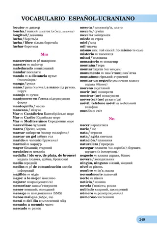249
VOCABULARIO ESPAÑOL-UCRANIANO
locutor m диктор
loncha f тонкий шматок (f м’яса, шинки(( )
longitud f довжинаf
lucha f боротьба
lucha f libref вільна боротьба
luchar боротися
Mm
macarrones m pl макарони
maestro m майстер
maleducado невихований
mandar посилати
mando m a distancia пульт
(телевізора)
manga f рукав
mano f рукаf (кисть); a mano під рукою,
поруч
manojo m пучок
mantenerse en forma підтримуватиa
форму
mantequilla f маслоf
manzana f яблукоf
Mar m Cantábrico Кантабрійське море
Mar m Caribe Карибське море
Mar m Mediterráneo Середземне море
maravilloso чудовий
marca f бренд, маркаf
marcar набирати (номер телефона)
marcar un gol забити гол
marido m чоловік (дружини)
marmol m мармур
mayor більший; старший
mecánico m механік
medalla f (de oro, de plata, de bronce)f
медаль (золота, срібна, бронзова)
medio середній
medios m pl de comunicación засоби
інформації
mejillón m мідія
mejor: a lo mejor можливо
mejorar покращувати(ся)
memorizar запам’ятовувати
menor менший; молодший
mensaje m повідомлення (SMS)
menos mal que добре, що
menú m del día комплексний обід
menudo: a menudo часто
mercado m ринок
meseta f плоскогір’я, платоf
mezcla fa суміш
mezclar змішувати
miedo m страх
miel f мед
mil тисяча
mismo сам; той самий; lo mismo те саме
misterio m таємниця
mitad f половина
monasterio m монастир
montaña fa гора
montar їздити (на чомусь)
monumento m пам’ятник; пам’ятка
montañoso гірський; гористий
montar un negocio розпочати власну
справу (бізнес)
moreno смуглявий
morir (ue) помирати
mostrar (ue) показувати
mover(se) (ue) рухати(ся)
móvil; teléfono móvil m мобільний
телефон
mundo m світ
Nn
nacer народитися
nariz f нісf
nata f вершкиf
nata f agria сметанаa
natación f плаванняf
naturaleza fa природаf
navegar плавати (на кораблі); блукати,
шукати (в інтернеті)
negocio m власна справа, бізнес
nevera f холодильникf
ningún, ninguno ніякий, жодний
nivel m рівень
nombre m ім’я; назва
normalmente зазвичай
norte m північ
noticia f новина
novela f повість; роман
nublado хмарний, захмарений
número m розмір (взуття)
numeroso численний
 