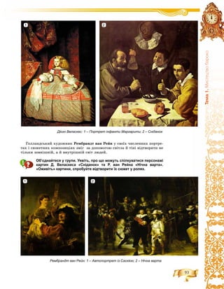 93
Òåìà1.Ìèñòåöòâîáàðîêî
Ãîëëàíäñüêèé õóäîæíèê Ðåìáðàíäò âàí Ðåéí ó ñâîїõ ÷èñëåííèõ ïîðòðå-
òàõ і ñþæåòíèõ êîìïîçèöіÿõ çìіã çà äîïîìîãîþ ñâіòëà é òіíі âіäòâîðèòè íå
òіëüêè çîâíіøíіé, à é âíóòðіøíіé ñâіò ëþäåé.
Об’єднайтеся у групи. Уявіть, про що можуть спілкуватися персонажі
картин Д. Веласкеса «Сніданок» та Р. ван Рейна «Нічна варта».
«Оживіть» картини, спробуйте відтворити їх сюжет у ролях.
Дієго Веласкес: 1 – Портрет інфанти Маргарити; 2 – Сніданок
Рембрандт ван Рейн: 1 – Автопортрет із Саскією; 2 – Нічна варта
2
1 2
1
 