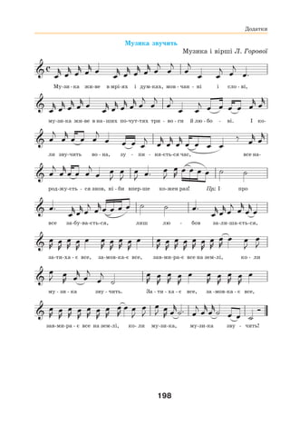 198
Музика звучить
Музика і вірші Л. Горової
Му-зи -ка жи-ве в мрі-ях і дум-ках, мов - чан - ні і сло - ві,
му-зи-ка жи-ве в на-ших по-чут-тях три - во - ги й лю - бо - ві. І ко-
ли зву-чить во - на, зу - пи - ня-єть-ся час, все на-
род-жу-єть - ся знов, ні - би впер-ше ко-жен раз! Пр.: І про
все за-бу-ва-єть-ся, лиш лю - бов за-ли-ша-єть-ся,
за-ти-ха - є все, за-мов-ка-є все, зав-ми-ра-є все на зем-лі, ко - ли
му - зи - ка зву - чить. За - ти - ха - є все, за -мов-ка - є все,
зав-ми-ра - є все на зем-лі, ко- ли му-зи-ка, му-зи-ка зву - чить!
Додатки
 